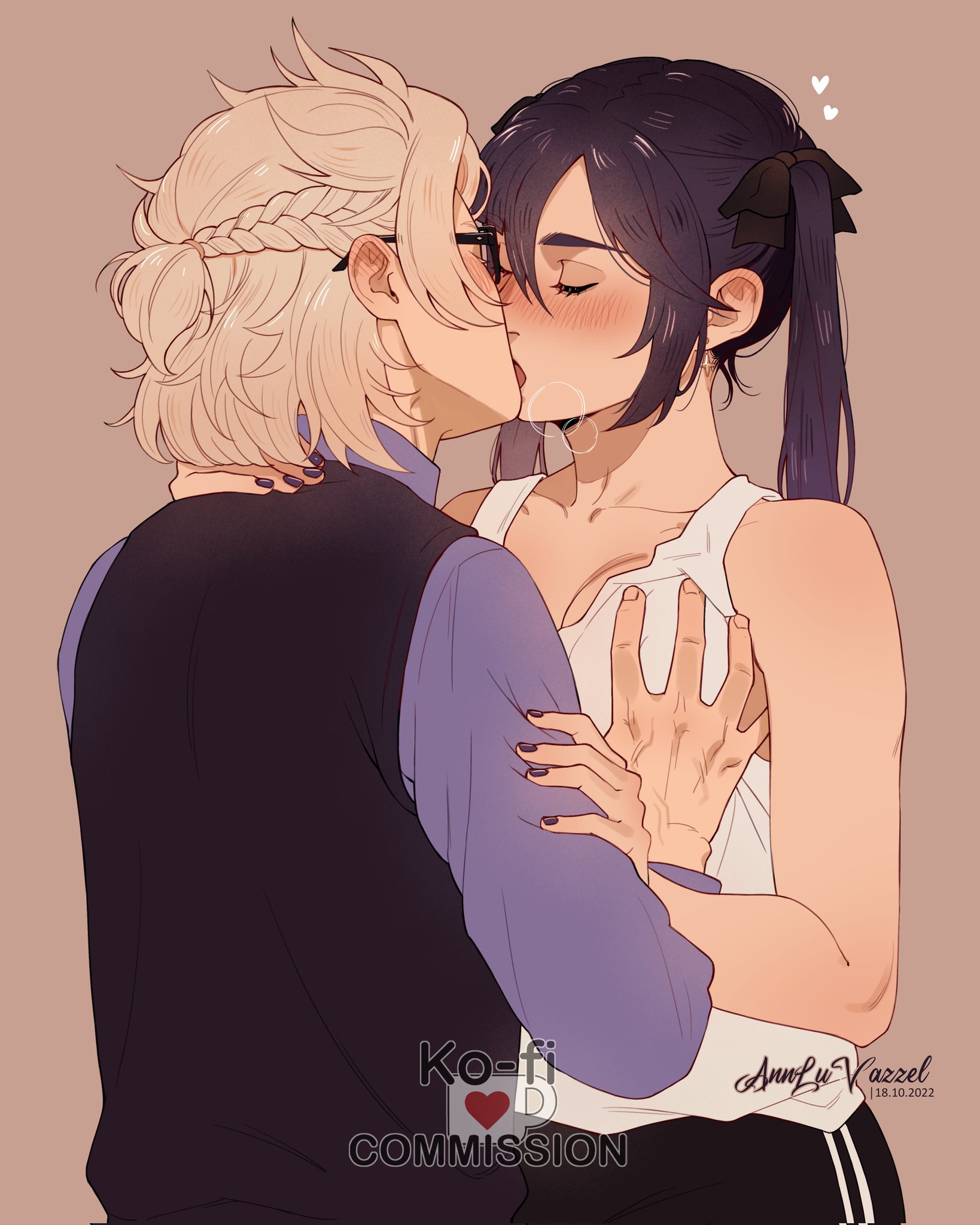 1boy, 1girls, albedo (genshin impact), annluvazzel, blonde hair, blush, breast grab, breasts, closed eyes, clothed male, female, genshin impact, glasses, grope, groping, groping breasts, hand on breast, heart, heavy breathing, kissing, making out, male, male/female, mona (genshin impact), nail polish, open mouth, painted nails, passionate, romantic, straight, tank top, twintails
