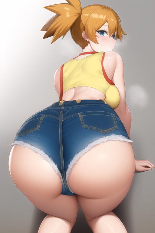 1girls ai_generated ass ass_focus bare_shoulders big_ass blue_eyes blush crop_top denim denim_shorts female female_only game_freak hi_res high_resolution jean_shorts kasumi_(pokemon) looking_back_at_viewer midriff misty_(pokemon) nai_diffusion novelai orange_hair pokemon pokemon_rgby short_orange_hair side_ponytail solo stable_diffusion suspenders thick_thighs