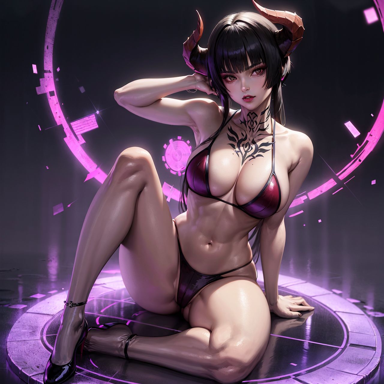 1girls, ai generated, bikini, black hair, demon, demon girl, eliza (tekken), female, high heels, horns, looking at viewer, nai diffusion, namco, red bikini, sitting, solo, stable diffusion, tekken