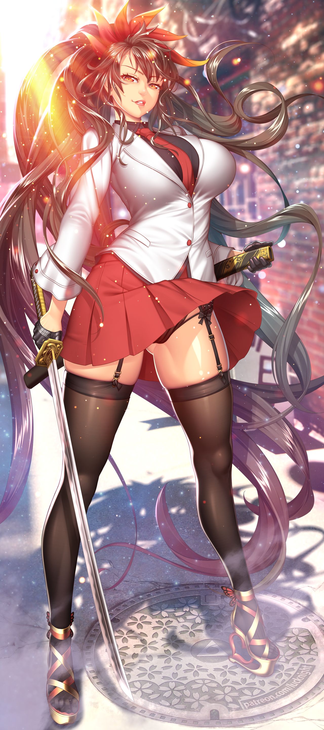 1girls bangs big_ass big_breasts black_hair black_lingerie black_thighhighs day daytime fat_ass female female_only garter_belt garter_straps ha_yuri_jahad headwear heart_heels high_heels holding_katana holding_object holding_sword katana lens_flare light_skin light_skinned_female long_hair long_ponytail looking_at_viewer lucknight manhole manhole_cover massive_ass massive_breasts panties platform_footwear platform_heels ponytail red_eyes red_skirt red_tie school_uniform sheath smiling solo sun sword thick_thighs thighhighs thighs tower_of_god underwear upskirt wall wind