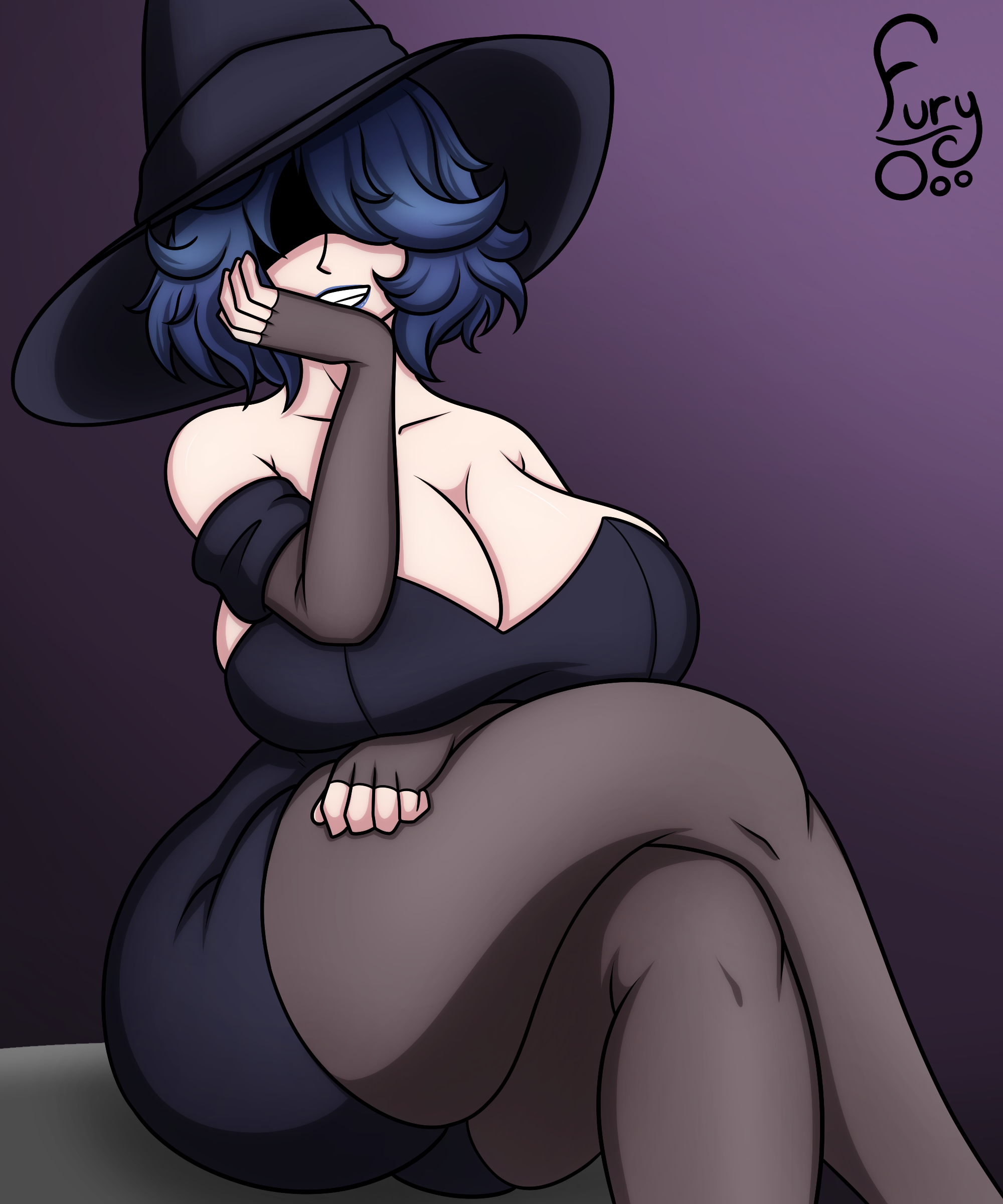 1girls, ambiguous background, blue hair, breast press, breasts, clothed, clothed female, clothing, cordelia valentine, covered nipples, crossed legs, dead estate, eyes covered, female, female focus, female only, fury o, grin, grinning, grinning at viewer, hair, hand on head, hat, hi res, highres, light skin, light-skinned female, lipstick, pale skin, pale-skinned female, short hair, sitting, solo, solo female, solo focus, tagme, thighhighs, thighs