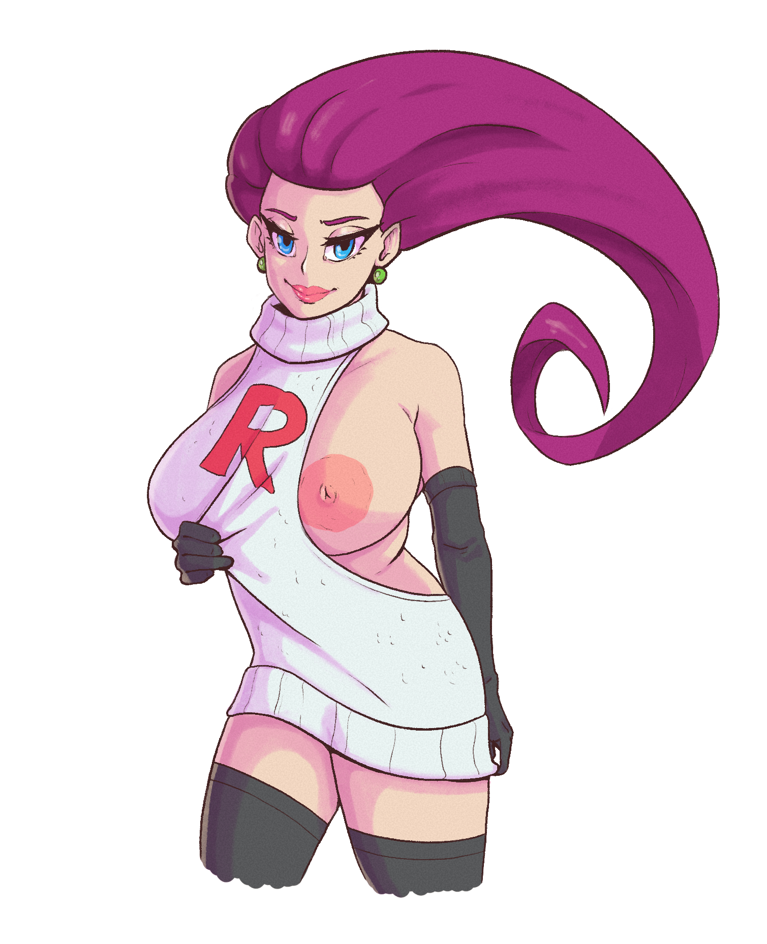 boss bucket, breasts, female, jessie (pokemon), pokemon, purple hair, team rocket, tits, tits out, virgin killer sweater