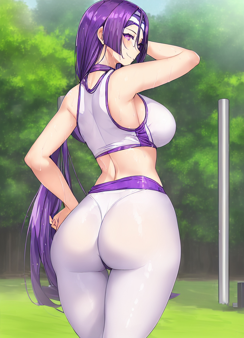 1girls, ai generated, ass, breasts, fate (series), fate/grand order, female, gym uniform, large ass, large breasts, light skin, light-skinned female, long hair, minamoto no raikou (fate/grand order), outdoors, purple eyes, purple hair, sports bra, sportswear, stable diffusion, thick thighs, thighs, yoga pants
