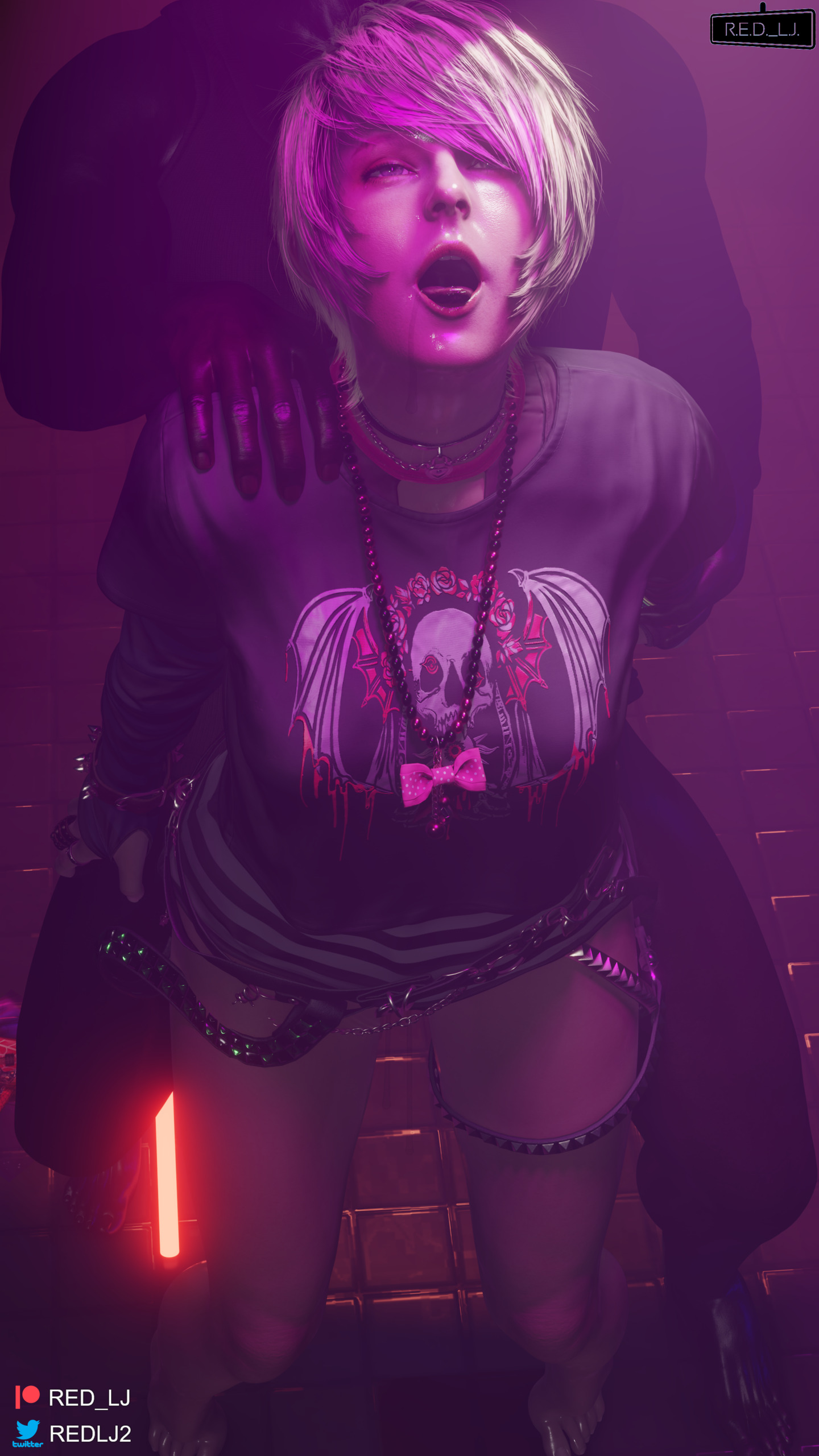 1boy, 1girls, 3d, ahe gao, ashley graham, ashley graham (ella freya), blender (software), capcom, dark skin, dark-skinned male, female, green eyes, interracial, large penis, male, multicolored hair, open mouth, penis, punk, punk girl, red lj, resident evil, resident evil 4, resident evil 4 remake, saliva, unseen male face