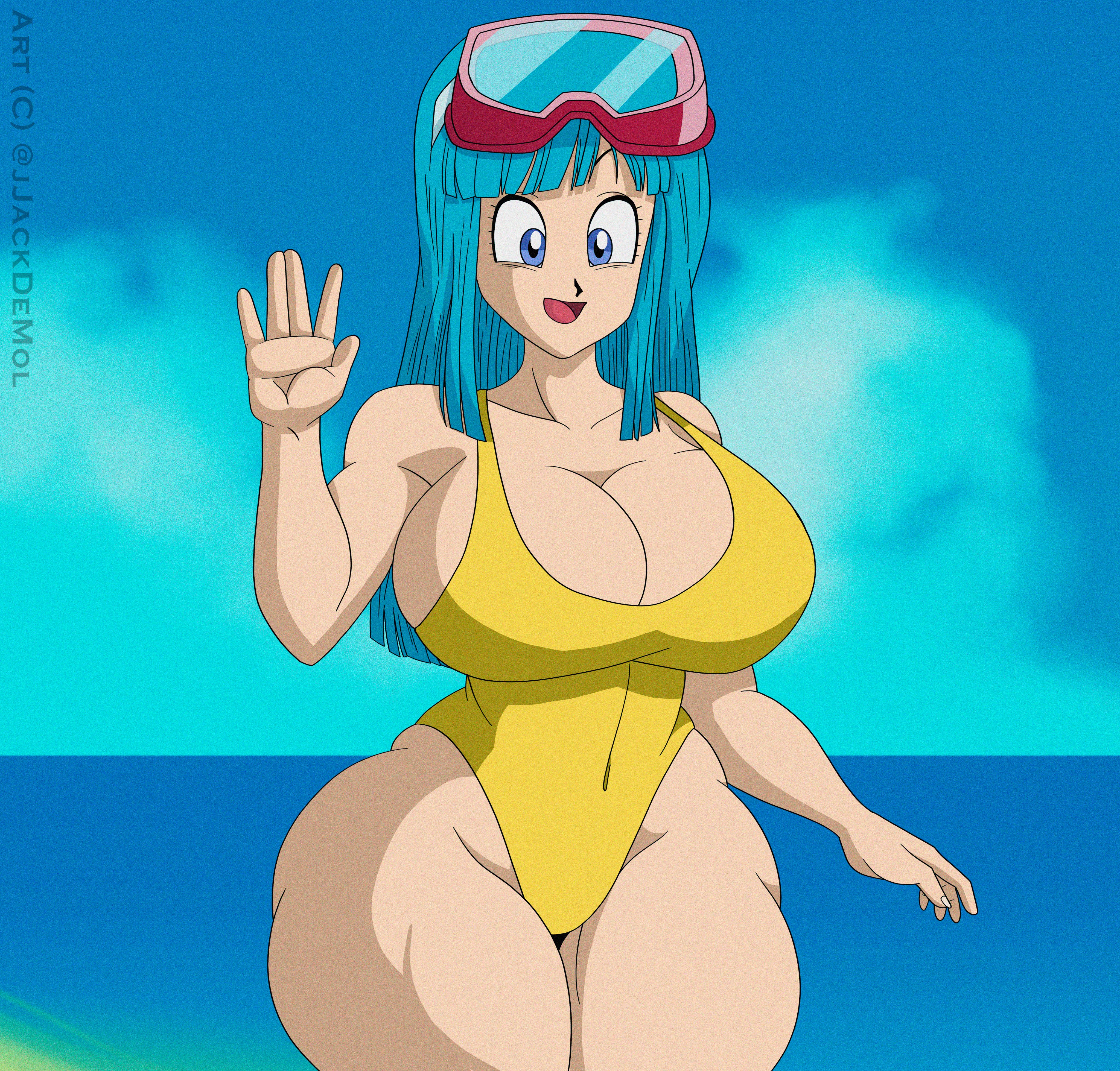 1girls, 2021, beach, big breasts, blindstash, blue eyes, blue hair, breasts, canonical scene, cleavage, clothing, dragon ball, dragon ball z, female, female only, hi res, large breasts, leotard, maron, redraw, solo, thick thighs, waving, wide hips