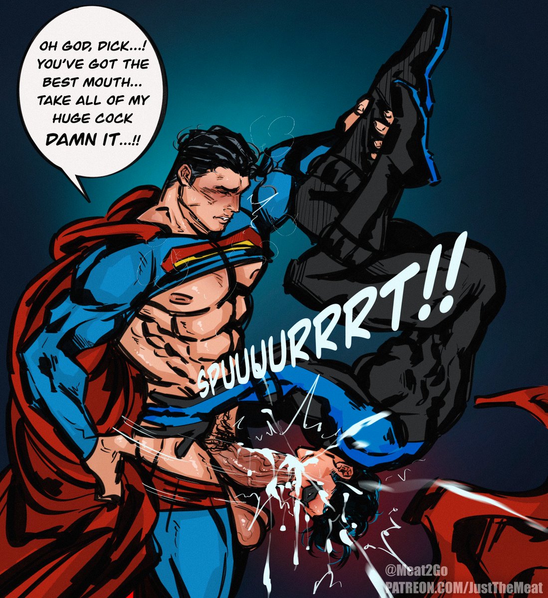 2boys 69_position abs age_difference batman_(series) big_chest big_pecs black_hair blowjob blowjob_face cape cheek_bulge clark_kent cum_in_mouth cum_inside dc dc_comics dialogue dick_grayson domino_mask english_text erect_nipples excessive_cum exposed_nipples facefuck gay gay_blowjob gay_sex hanging_balls huge_chest huge_cock huge_pecs interspecies justthemeat/meat2go kal-el kryptonian male male_nipples male_only malesub mouth_full_of_cock mouth_full_of_cum mouthful muscles muscular muscular_male nightwing older_dom_younger_sub older_penetrating_younger oral oral_sex orgasm_from_oral pants_down patreon_username pecs penis_in_mouth penis_out shirt_up speech_bubble sucking_off superhero superhero_costume superman superman_(series) teen_titans upright_69 upside-down veiny_penis yaoi