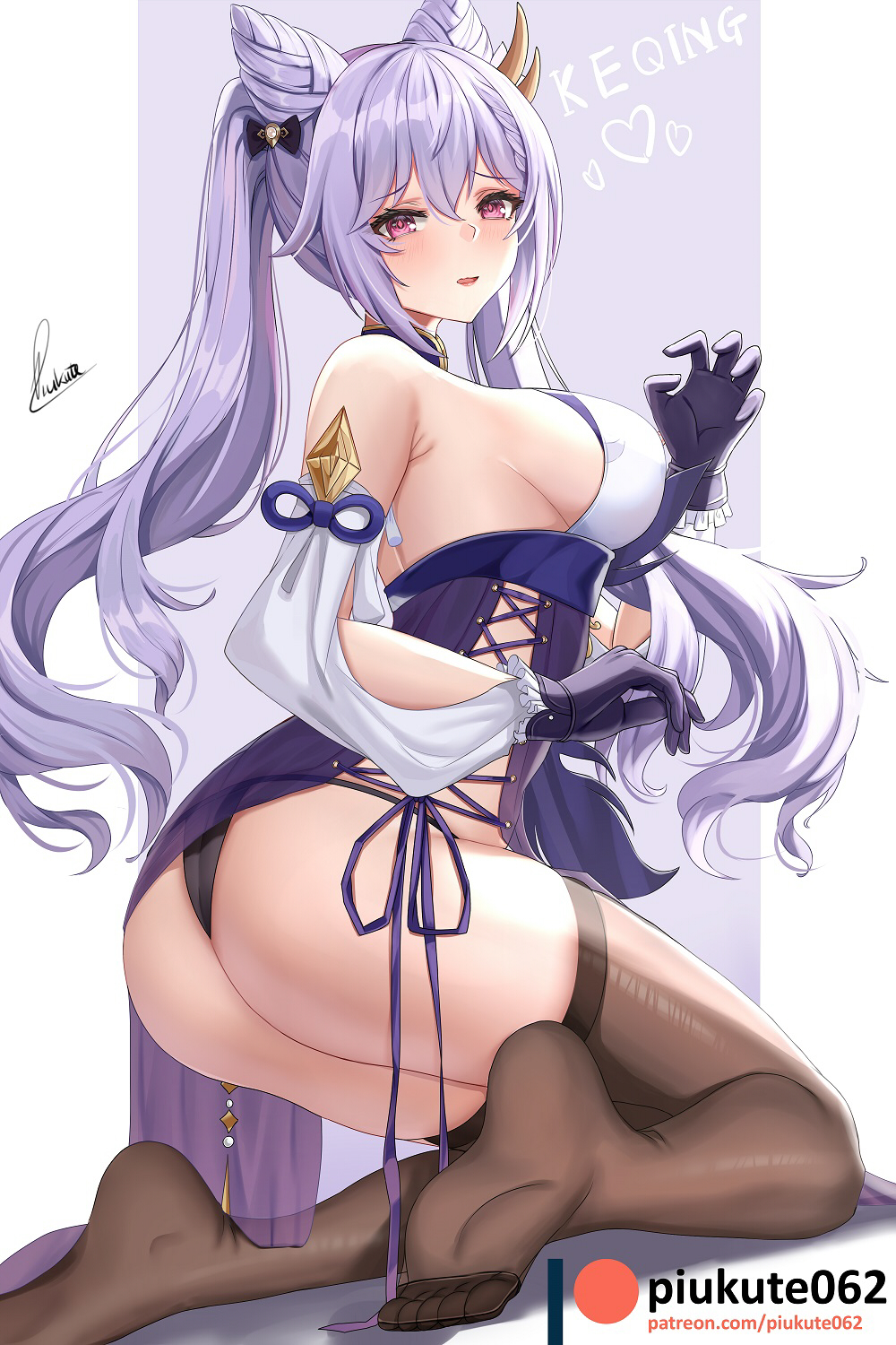 big_breasts black_panties genshin_impact hair_bun keqing_(genshin_impact) long_hair piukute062 purple_eyes purple_hair side_view sideboob stockings twintails