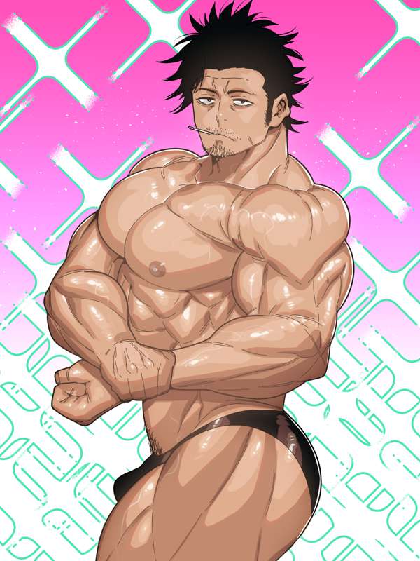 bara biceps black_clover black_hair black_thong bodybuilder bodybuilding buff cigarette cigarette_in_mouth cigarette_smoke large_pecs mabataki male male_only muscles muscular muscular_arms muscular_legs muscular_male muscular_thighs pose posing solo_male thick_thighs thighs thong veins veiny_muscles yami_sukehiro