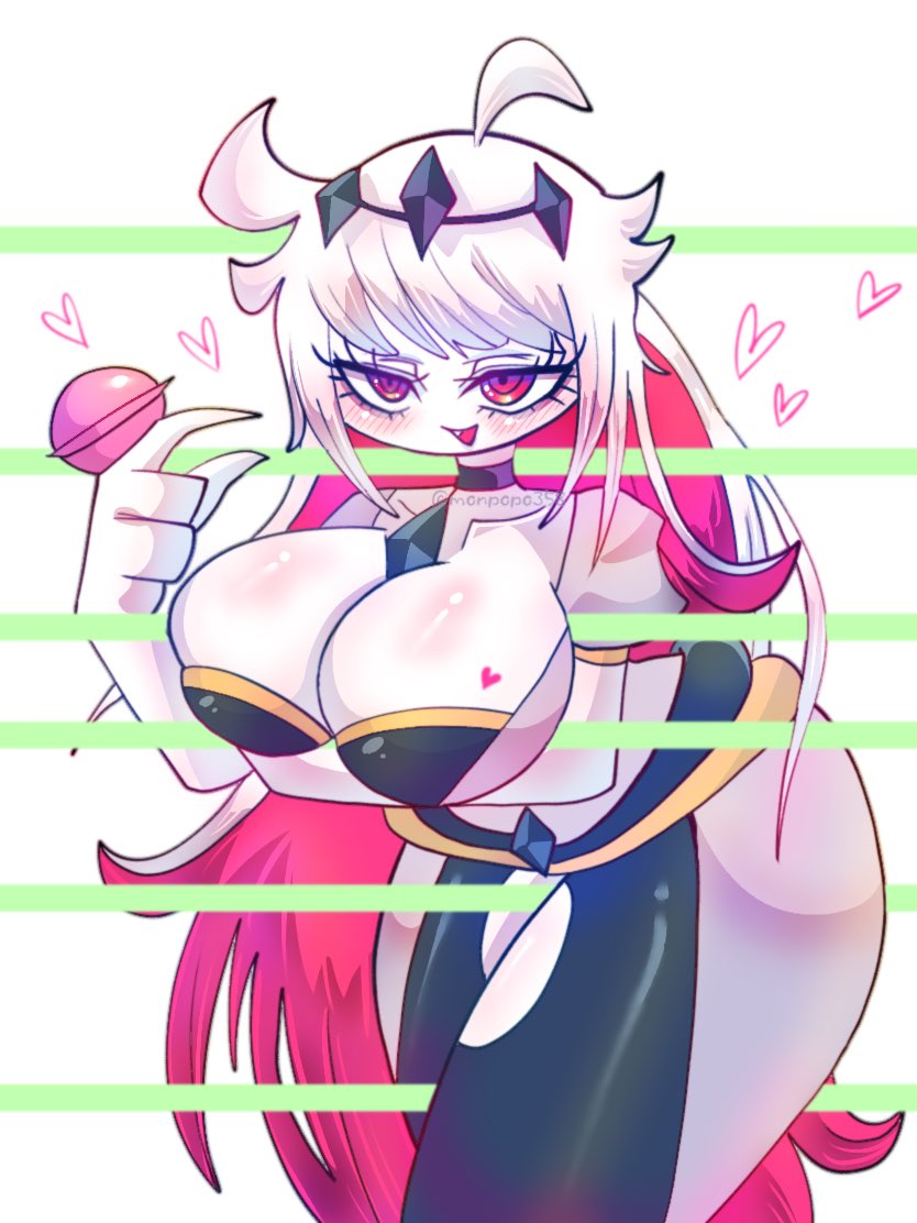 2023, arm under breasts, artist name, ass, big ass, blush, breasts, choker, cleavage, female, fnf entity, friday night funkin, heart, hearts, hearts around body, hearts around head, huge breasts, lolipop, monpopo358, nikusa (sugarratio), pink eyes, smile, thick thighs
