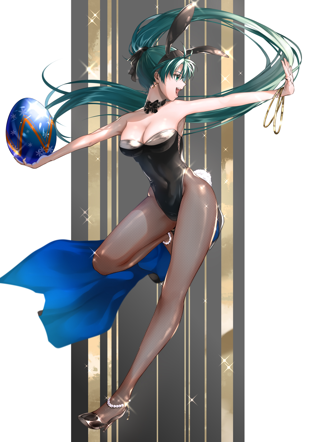 1girls, alternate costume, animal ears, armpits, bare shoulders, bracelet, breasts, bunny ears, bunny girl, bunnysuit, cleavage, commentary, covered navel, delsaber, detached collar, earrings, easter egg, egg, fake animal ears, fake tail, female, female only, fingernails, fire emblem, fire emblem heroes, fire emblem: the blazing blade, fishnet pantyhose, fishnets, footwear, full body, green eyes, grey hair, hair ornament, heels, high heels, highleg, highleg leotard, highres, holding, jewelry, large breasts, leg up, leotard, long hair, looking away, lyn (fire emblem), nail polish, nintendo, open mouth, pantyhose, playboy, playboy bunny, ponytail, rabbit ears, rabbit tail, shiny clothes, shoes, simple background, smile, solo, sparkle, strapless, strapless leotard, symbol-only commentary, tail, teeth, upper teeth