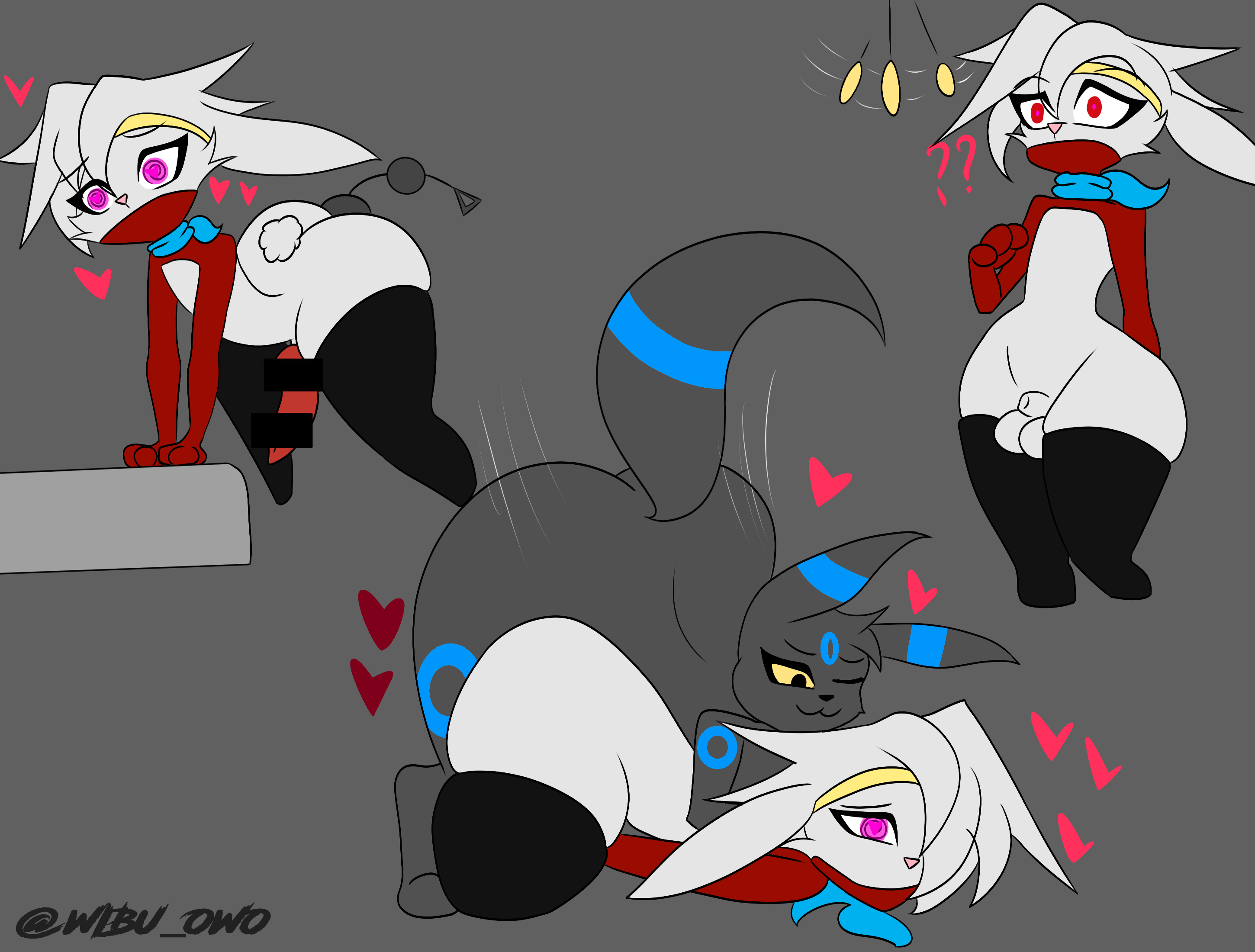 2boys, abused, anal, animal genitalia, background, bunny boy, bunny ears, doggy style, femboy, furry, furry only, game freak, gay, gay domination, gay sex, heart, hearts, hypnosis, male, nintendo, pokémon (species), pokemon, pokemon (species), raboot, shiny pokemon, simple background, umbreon