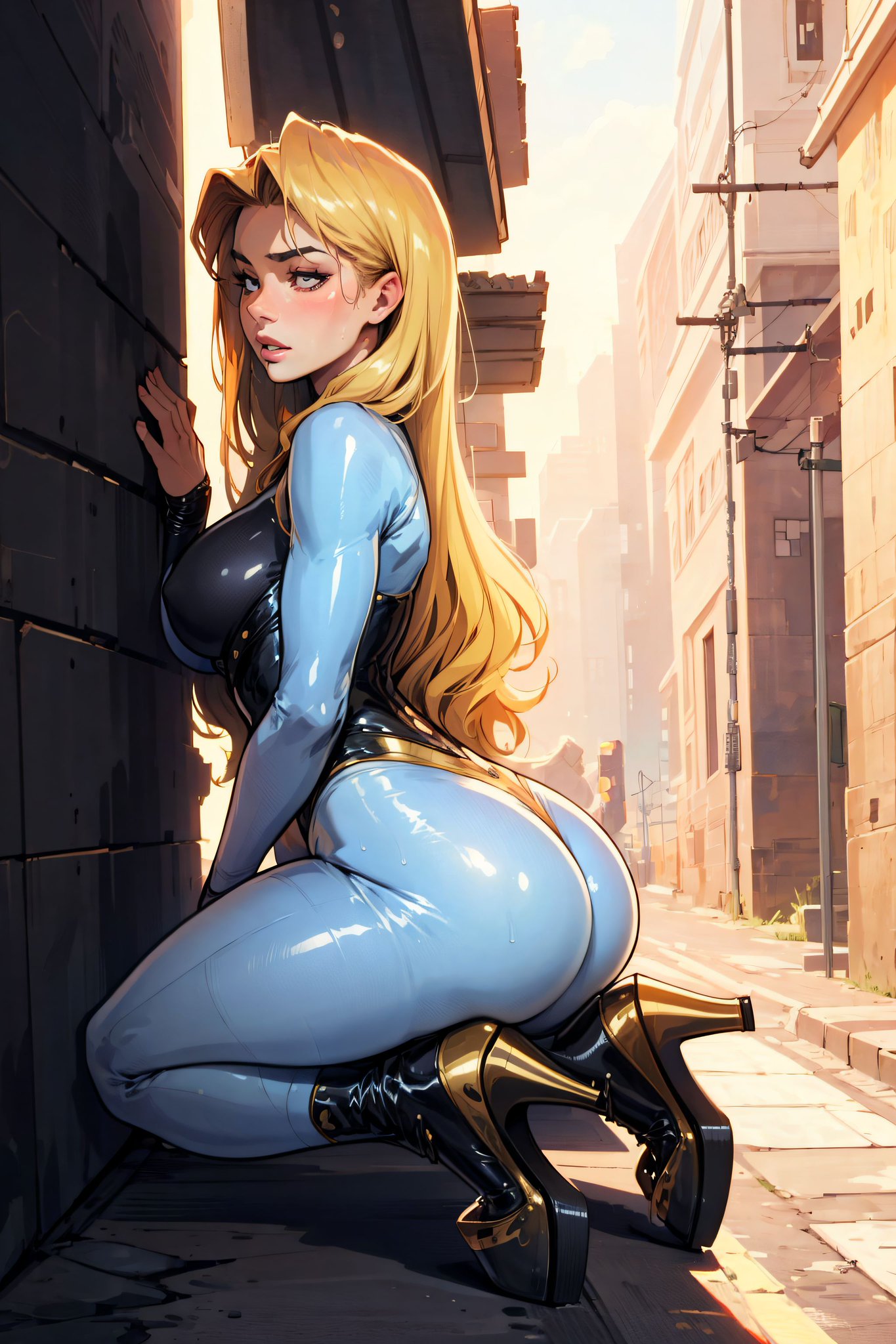 1girls, ai generated, alley, alternate hairstyle, blonde hair, curvaceous, curvy body, curvy female, female, female focus, female only, hair down, hi res, high heels, latex suit, long sleeves, looking at viewer, metroid, samus aran, skin tight, solo, solo focus, squatting, stable diffusion, tagme, voluptuous, voluptuous female