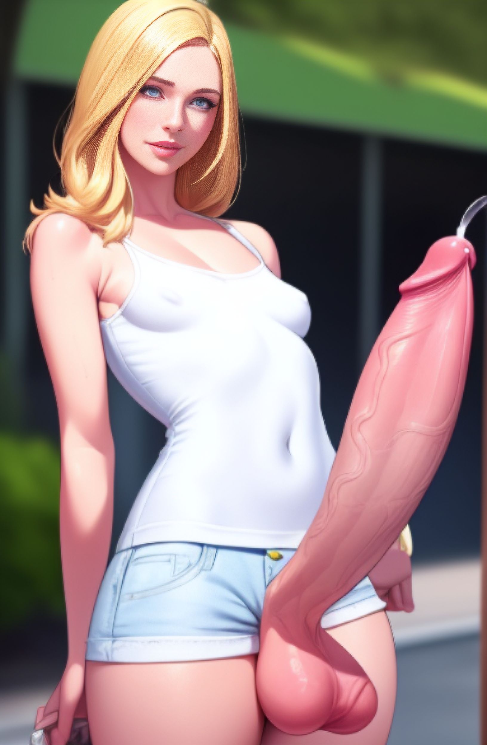 1futa, ai generated, arched back, blonde hair, blue eyes, breasts, futanari, huge cock, intersex, jean shorts, large penis, long penis, looking at viewer, nai diffusion, navel, outside, penis, precum, small breasts, smile, solo futa, stable diffusion, tank top