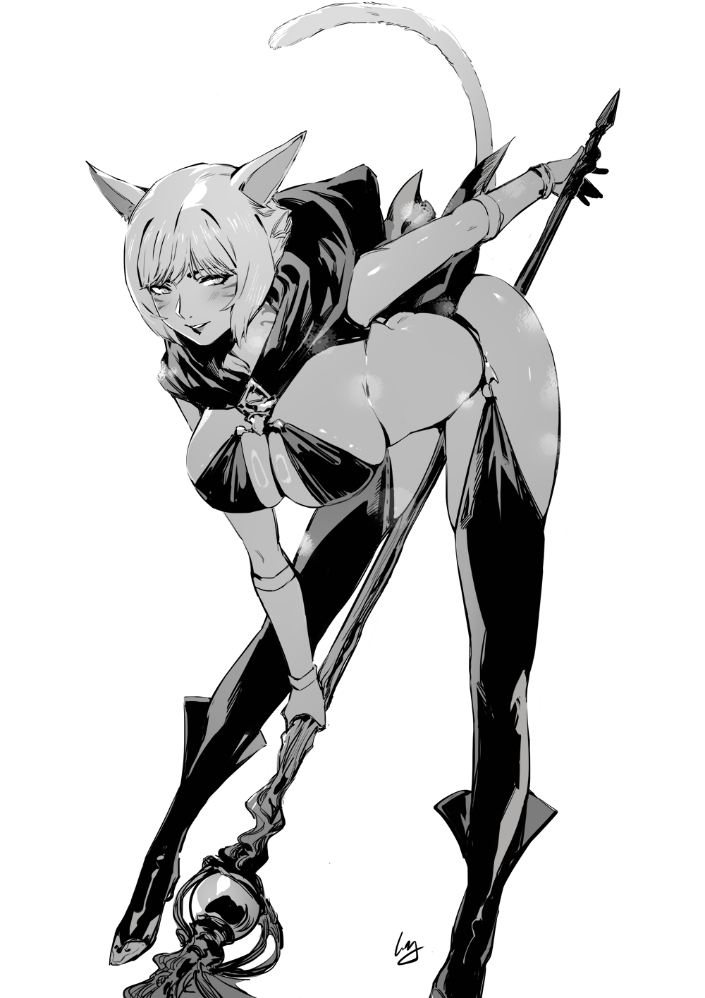 1girls, ass, bending over, black and white, breasts, cat ears, cat girl, cat tail, catgirl, club3, female, final fantasy, final fantasy xiv, huge breasts, miqo'te, nanaya (daaijianglin), revealing clothes, short hair, staff, thick thighs, thighs, y'shtola