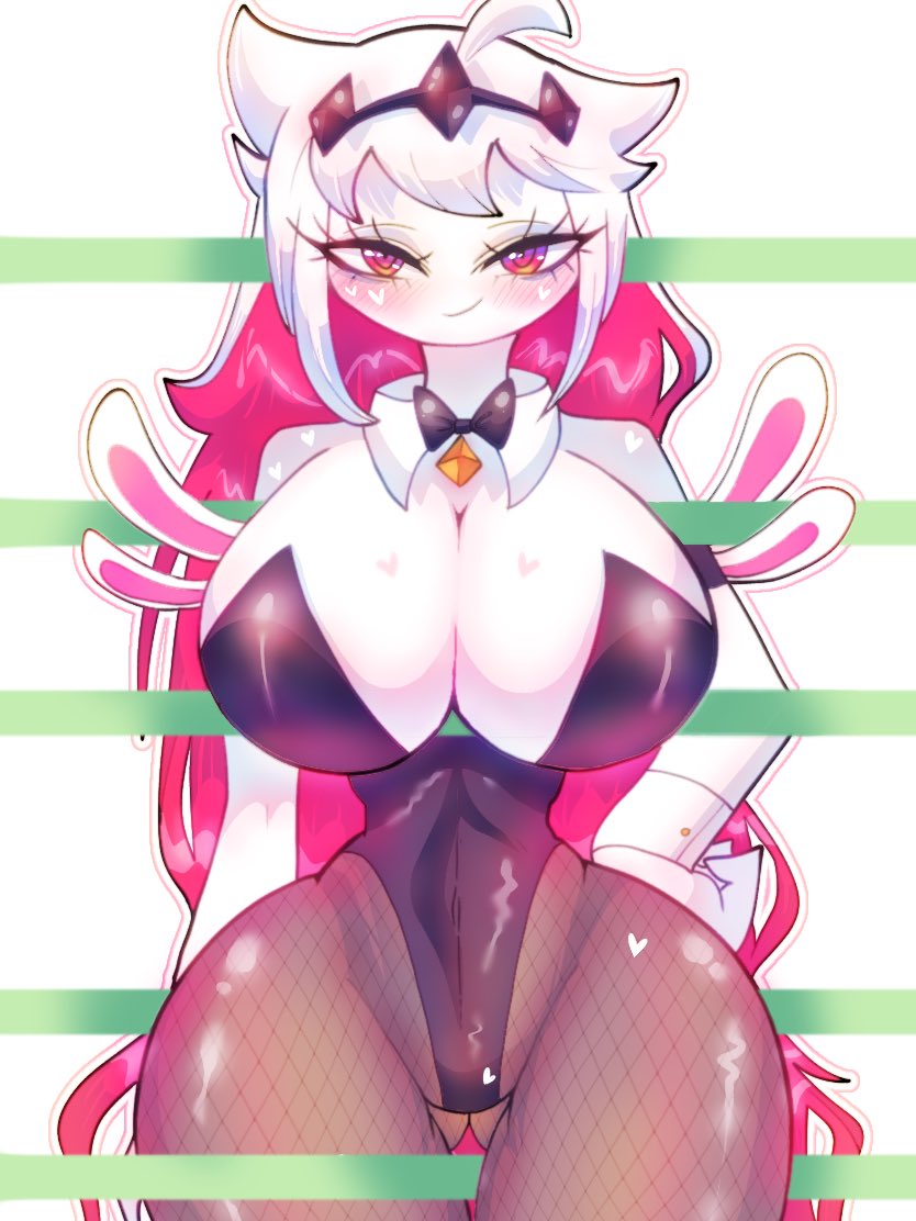 2023 armbands blush bow_tie bunny_ears bunnysuit cleavage fishnets fnf_entity friday_night_funkin hand_on_hip huge_breasts looking_at_viewer monpopo358 nikusa_(sugarratio) pink_eyes shirt_collar shirt_cuffs thunder_thighs year_of_the_rabbit