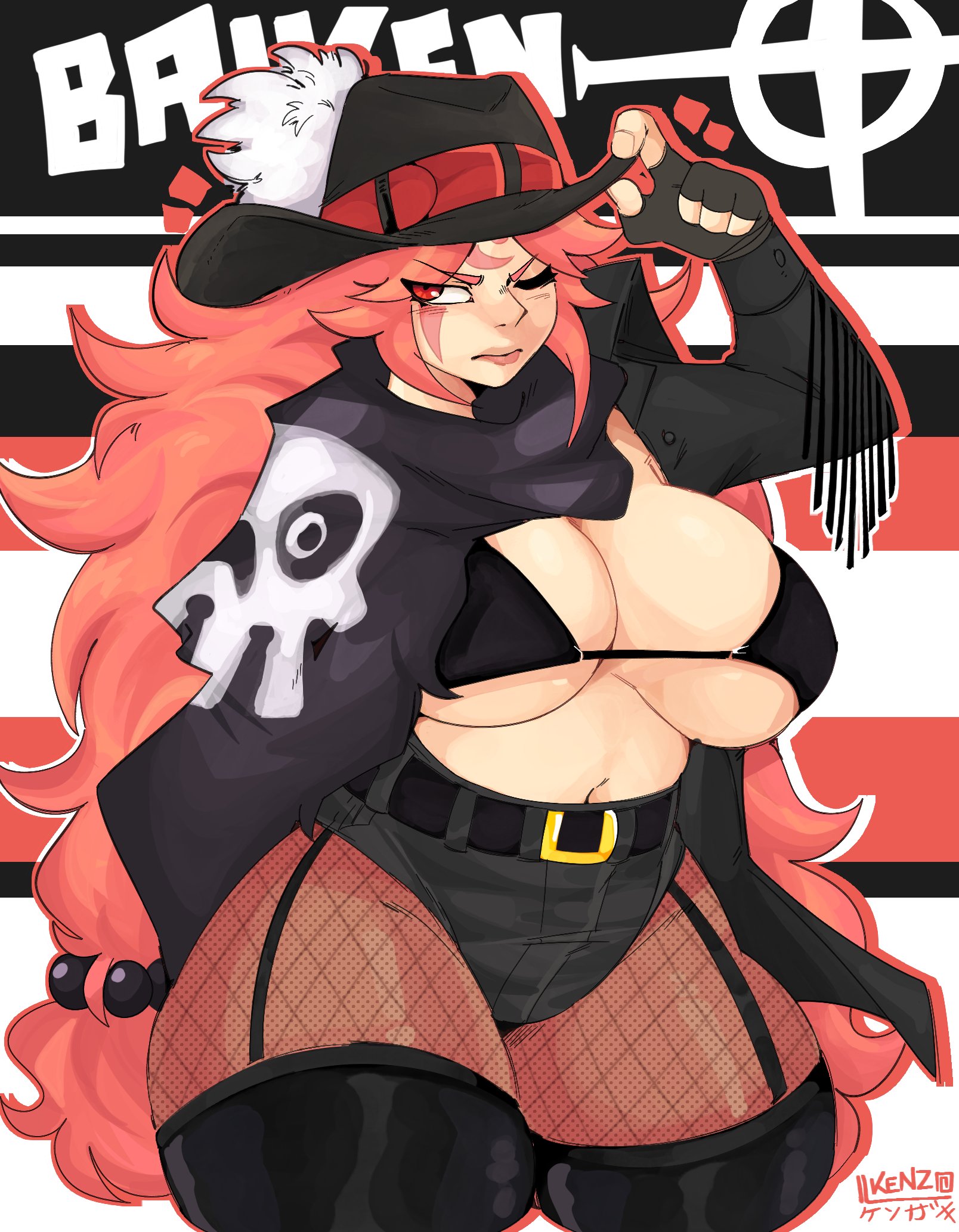 1girls, alternate costume, baiken, belt, big breasts, bikini, bikini top, black bikini, breasts, cleavage, closed mouth, clothed, clothing, cowboy hat, facial markings, female, female only, fingerless gloves, garter straps, gloves, guilty gear, guilty gear strive, guilty gear xrd, hi res, large breasts, navel, one eye closed, pantyhose, pink hair, ramenshopkenz, red eyes, revealing clothes, short shorts, shorts, simple background, solo, thick thighs, thighhighs, very long hair, wide hips