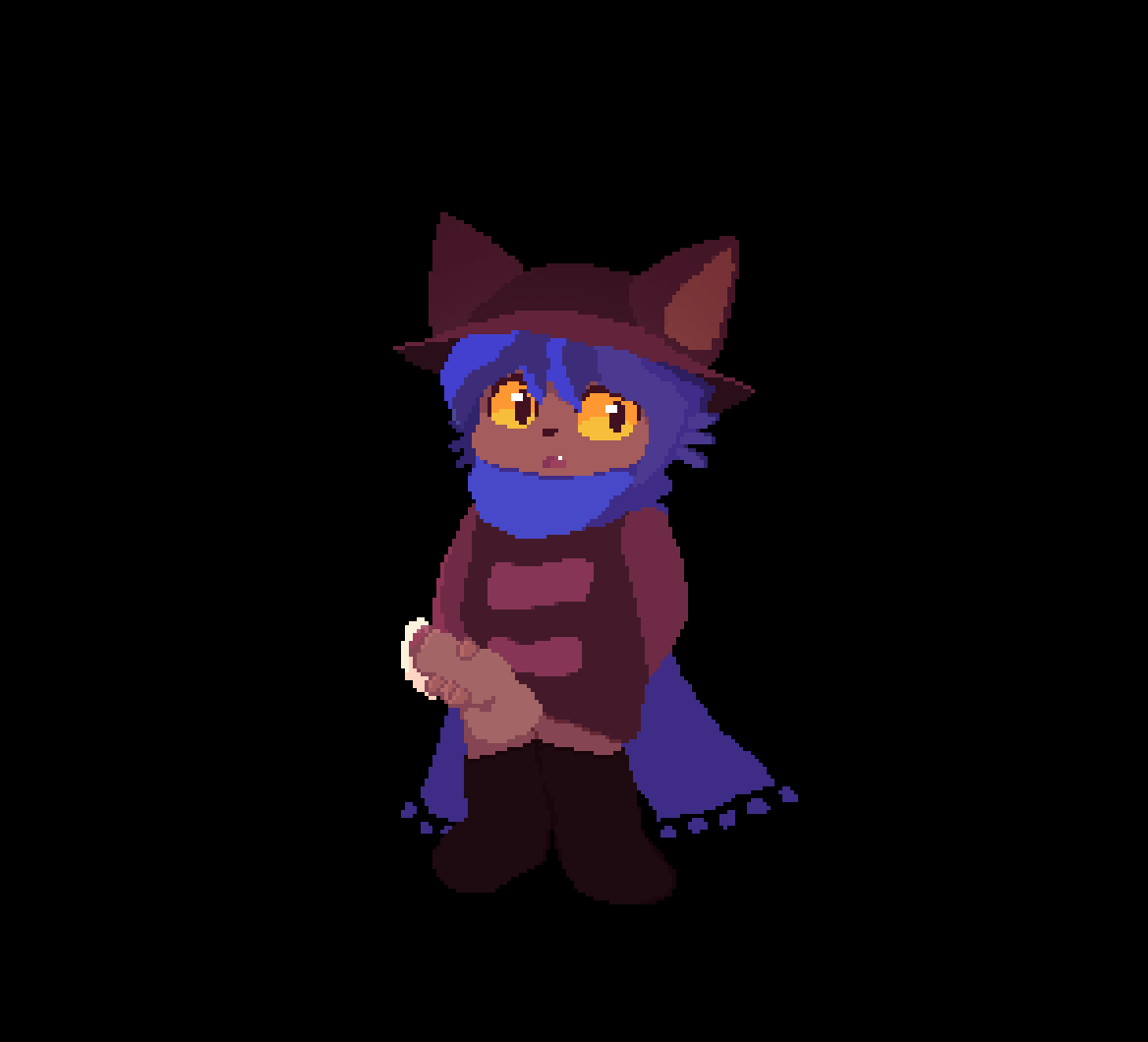 1boy anthro anthrofied black_background blue_hair brown_skin cat_ears cat_hat cat_humanoid clothed cum_on_penis feline_humanoid hat holding_penis humanoid_penis male male_only maykez niko_(oneshot) oneshot penis pixel_art simple_background suggestive video_game_character video_games yellow_eyes