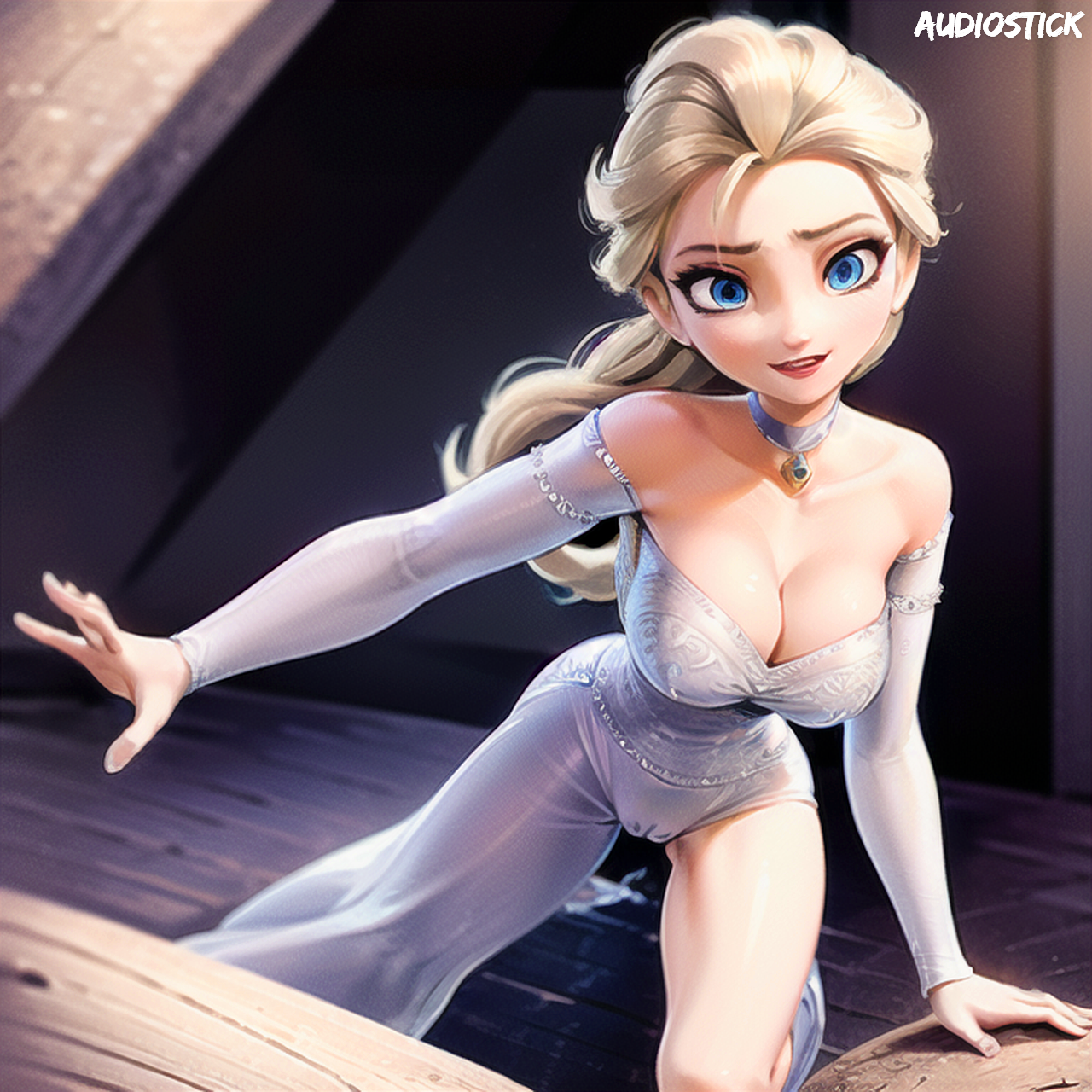 ai generated, audiostick, blonde hair, blue eyes, breasts, cameltoe, choker, cleavage, clothing, disney, disney princess, dress, elsa (frozen), female, frozen (film), hi res, high resolution, highres, large breasts, long hair, looking at viewer, on knees, pussy, sleeves, stable diffusion, tight clothing, watermark