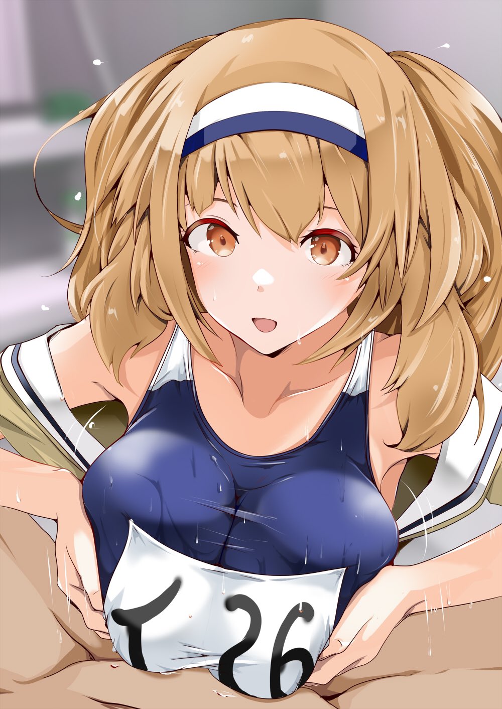 1boy 1girls blush breasts breasts_squeezed_together brown_eyes brown_hair collarbone female hairband hanchou_(shirokun555) highres i-26_(kantai_collection) kantai_collection large_breasts light-skinned_female light-skinned_male light_skin looking_at_viewer new_school_swimsuit open_mouth paizuri paizuri_under_clothes school_swimsuit straight swimsuit twintails two-tone_hairband