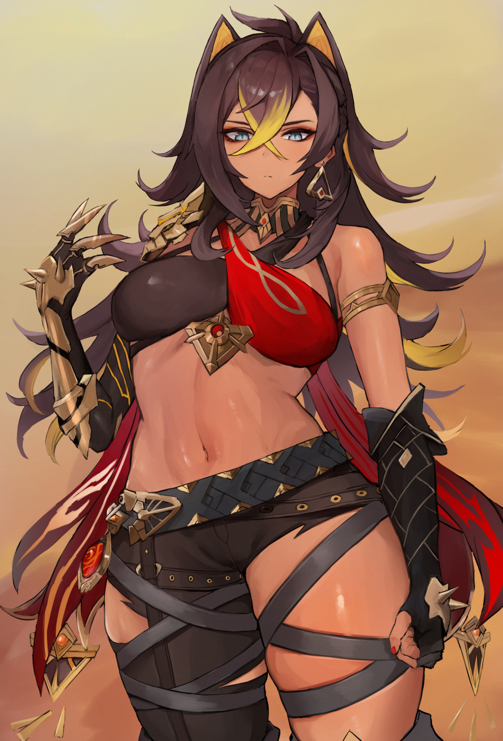 animal ears, belly, black hair, blue eyes, blush, dark skin, dark-skinned female, dehya (genshin impact), female, genshin impact, kataku musou, midriff, torn pants
