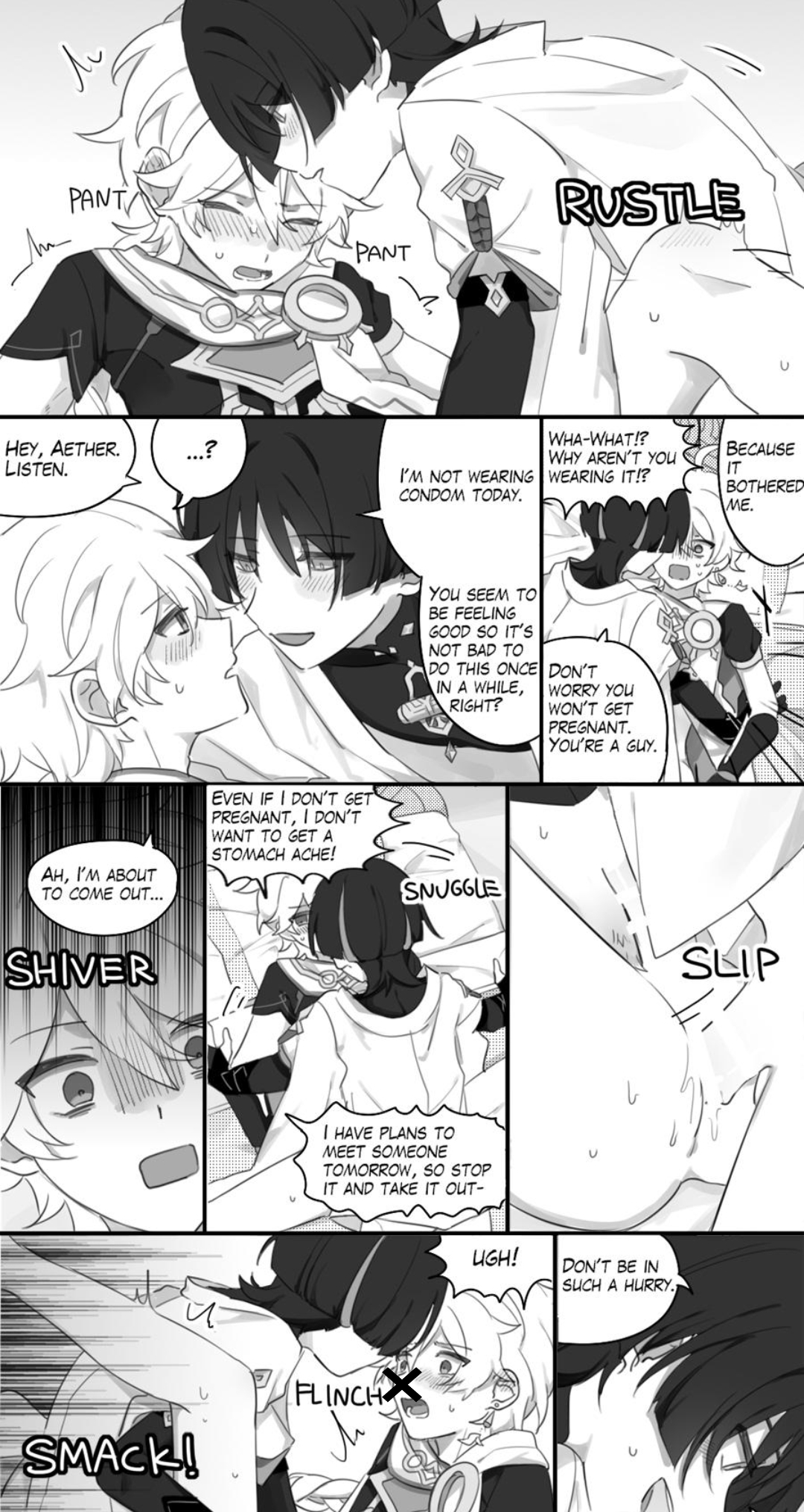 2boys, aether (genshin impact), anal, anal sex, blush, censored, english text, genshin impact, male, male focus, male only, manga, scaramouche (genshin impact), yaoi