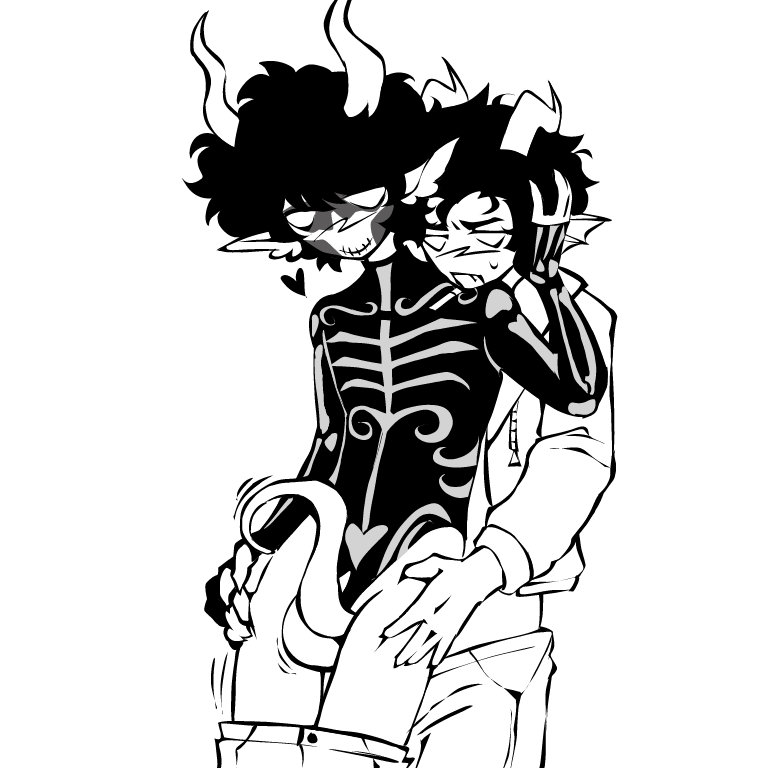 2boys alien alien_genitalia clothed cronus_ampora gay grabbing_from_behind grabbing_hips homestuck horns juggalo kurloz_makara monochrome tentabulge thigh_job unusual_penis