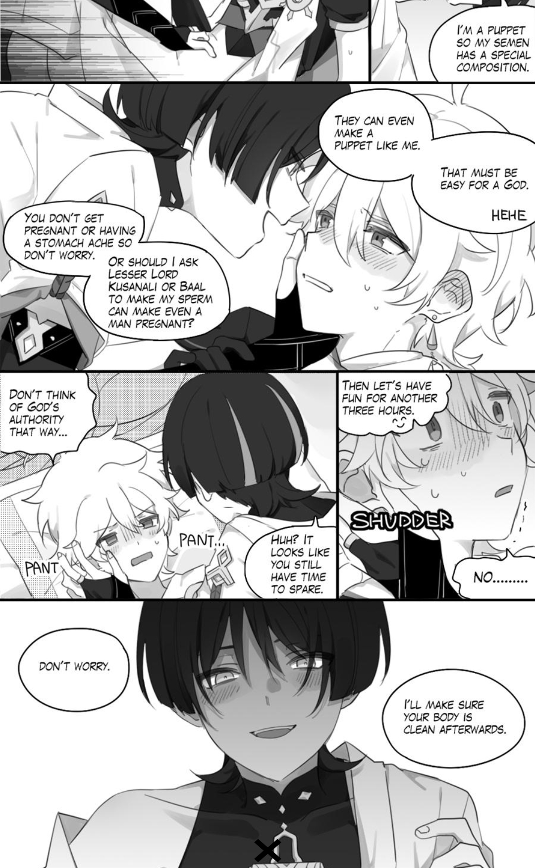 2boys, aether (genshin impact), anal, anal sex, blush, english text, genshin impact, male, male focus, male only, manga, scaramouche (genshin impact), yaoi