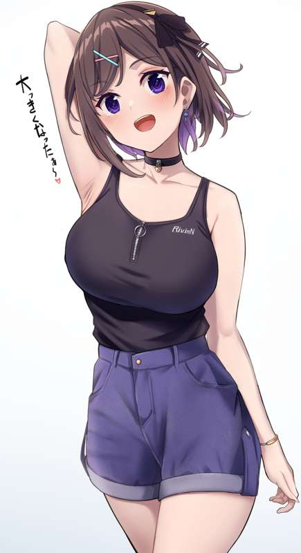 1girls armband armpit armpits big_breasts black_top bowtie breasts brown_hair collar earrings female female_only girl hair hair_accessory hand_behind_head happy karaage_bou long_hair open_mouth pants purple_hair smiling solo thighs top tugging_clothing white_background white_body white_skin white_skinned_female zipper