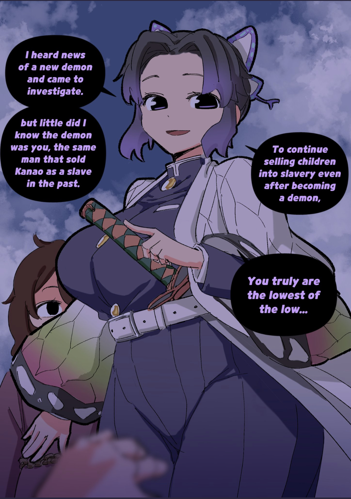 1girls, alternate breast size, ambiguous gender, breasts, demon slayer, english text, female, kimetsu no yaiba, kochou shinobu, purple hair, purple-haired female, text, woohyoot
