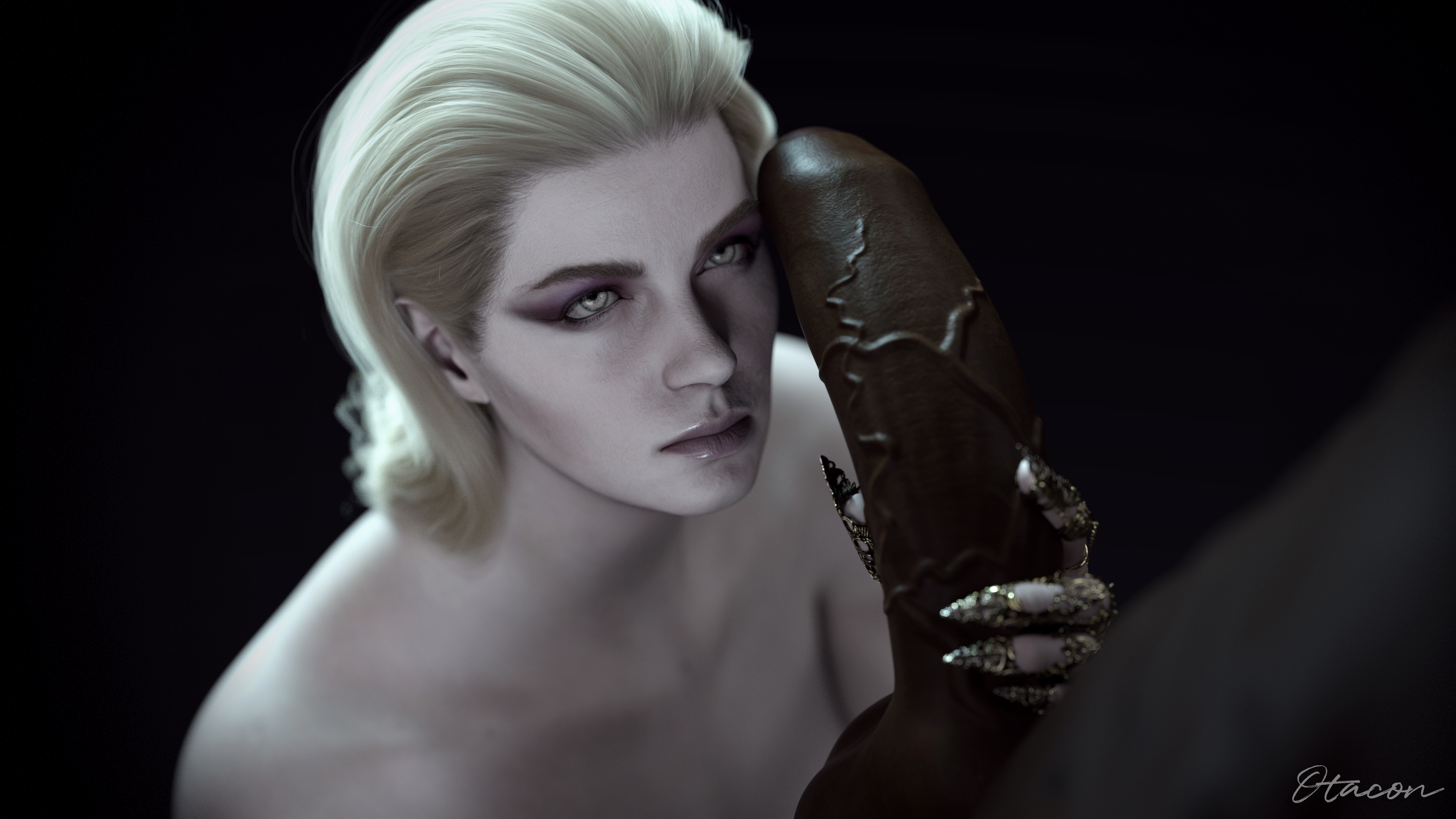 2023, 3d, blonde hair, dark skin, dark-skinned male, female, imminent oral, interracial, light skin, light-skinned female, male, mother miranda (resident evil), otacon212, partial male, resident evil, resident evil 8: village