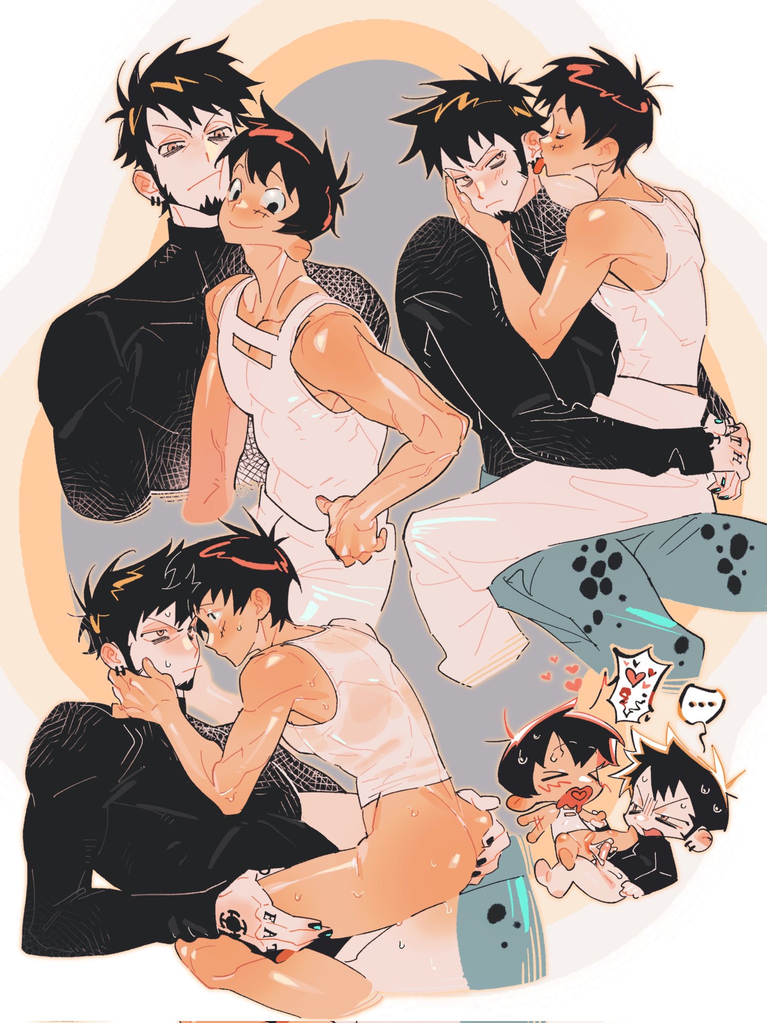 2boys, age difference, ass, ass grab, black hair, black nails, bottomless, chibi, cum, cum in ass, cum inside, cute, eye contact, facial hair, gay, goatee, kithwith, licking, light skin, light-skinned male, long sideburns, looking at viewer, male, male only, monkey d luffy, multiple scenes, muscles, nail polish, one piece, pale skin, pale-skinned male, sideburns, sitting on lap, sitting on person, tattoos, toned, toned male, trafalgar law, turtleneck, yaoi