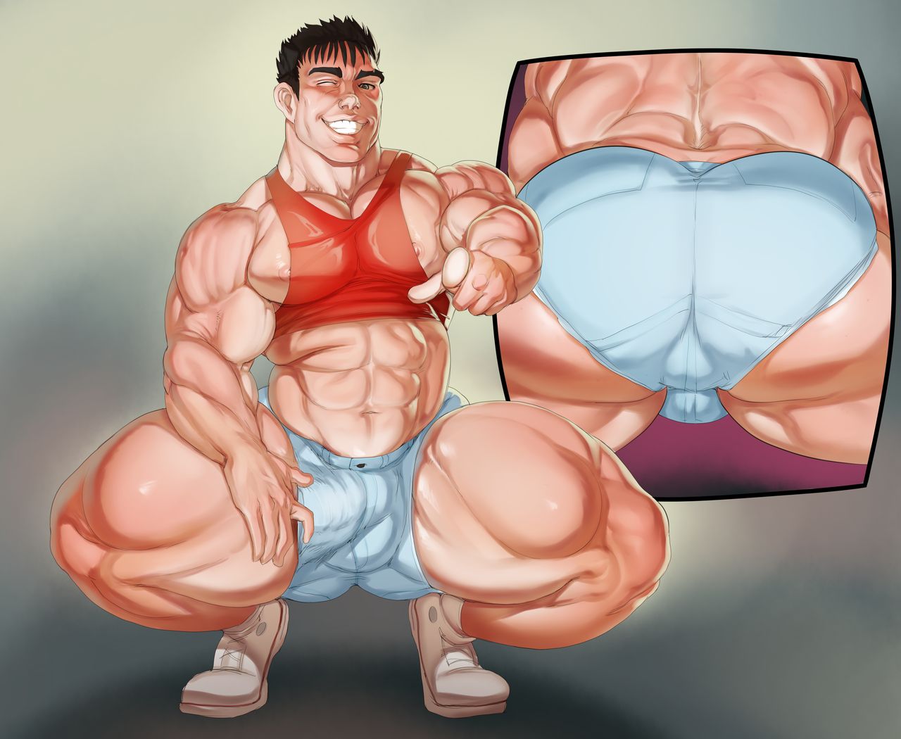 ass, barely clothed, berserk, big ass, big butt, gay, guts (berserk), huge ass, huge butt, huge thighs, human, justmegabenewell, male, male only, muscular, muscular ass, muscular legs, muscular male, muscular thighs, pointing at viewer, skimpy, skimpy clothes, smiling, smiling at viewer, sweating, thick ass, thick thighs, white panties, wink