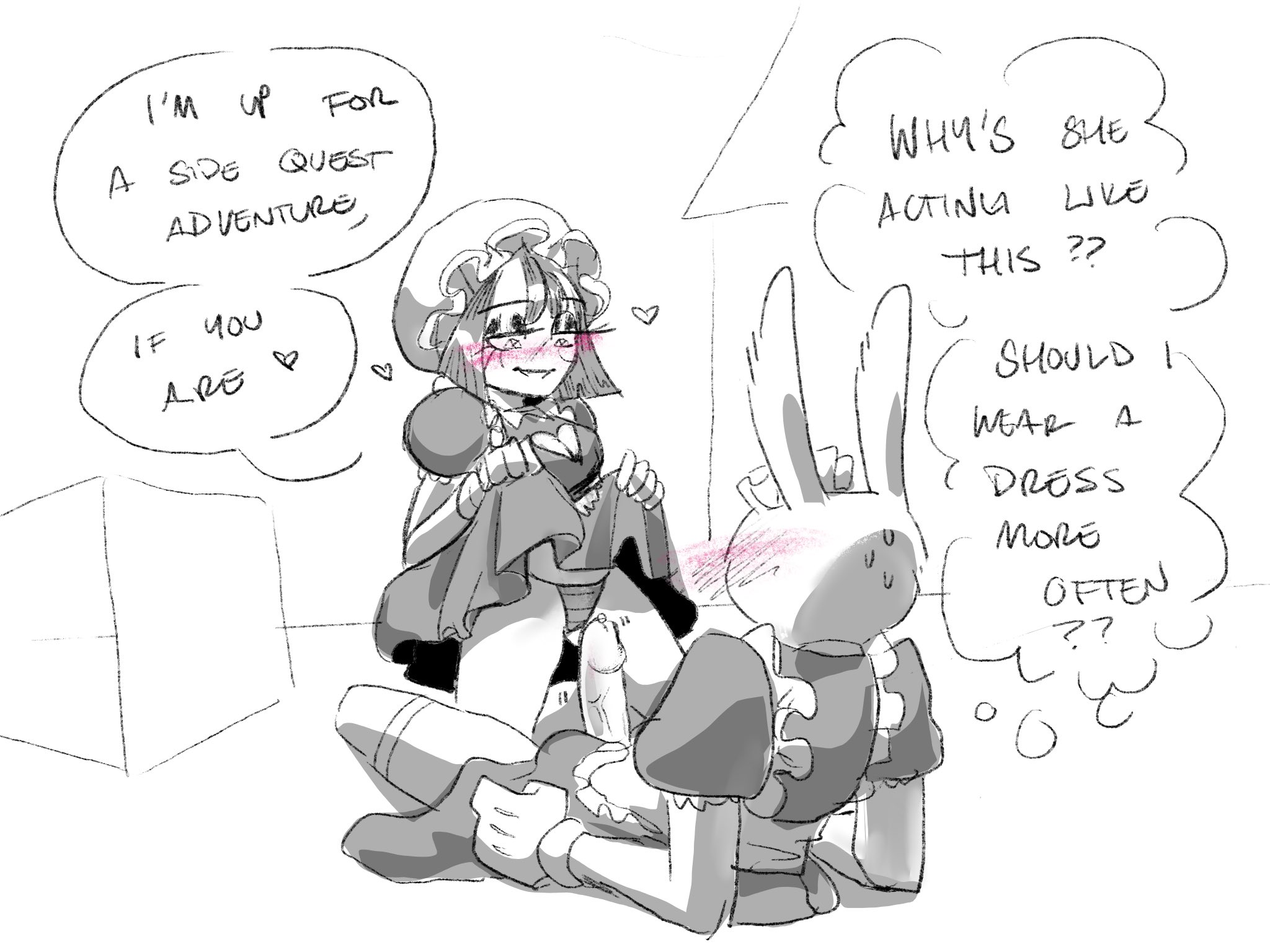 2023, 2d, 2d (artwork), 2d artwork, anthro, artist request, black and white, blush, bunny, bunny ears, crossdressing, dialogue, dialogue box, female, glitch productions, gloves, gooseworx, horny female, jax (the amazing digital circus), jester, jester costume, jester hat, jester outfit, lifting shirt, looking at penis, maid, maid jax (the amazing digital circus), maid outfit, maid uniform, male, panties, penis, penis out, pomni, pomni (the amazing digital circus), purple body, rattleanal, short hair, straight, tagme, the amazing digital circus, thick thighs, yellow eyes, yellow mouth