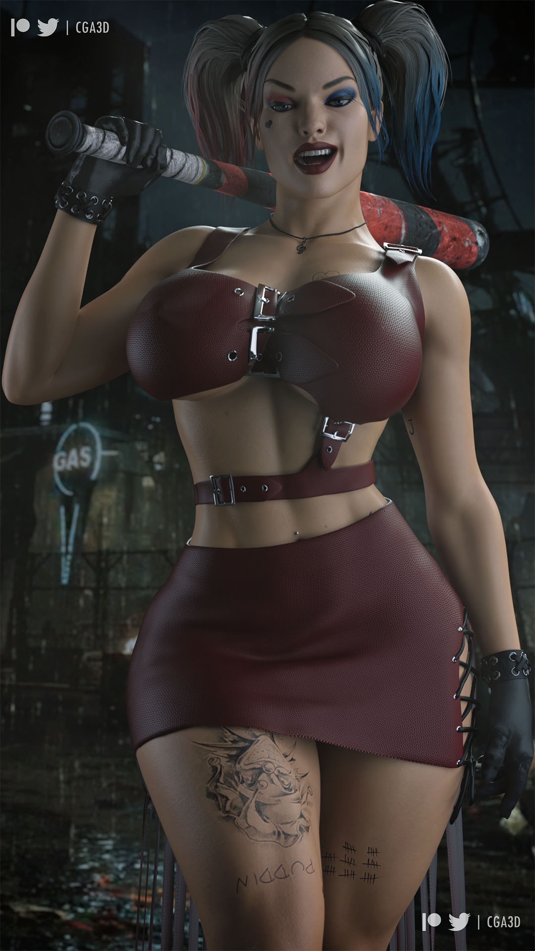 1girls, 3d, abs, alluring, athletic, athletic female, baseball bat, batman (series), big breasts, big thighs, black gloves, black hair, breasts, busty, cga3d, cleavage, curvaceous, curvy, curvy body, curvy female, daz studio, dc, dc comics, erotichris, facepaint, female, female abs, female only, fit, fit female, fully clothed, gloves, harley quinn, harley quinn (injustice), hourglass figure, injustice 2, large breasts, large thighs, leather gloves, light skin, light-skinned female, miniskirt, navel, pierced belly button, pigtails, pose, posing, skirt, solo, solo female, tagme, tattoo, tattoos, thick thighs, twintails, voluptuous, voluptuous female, wide hips