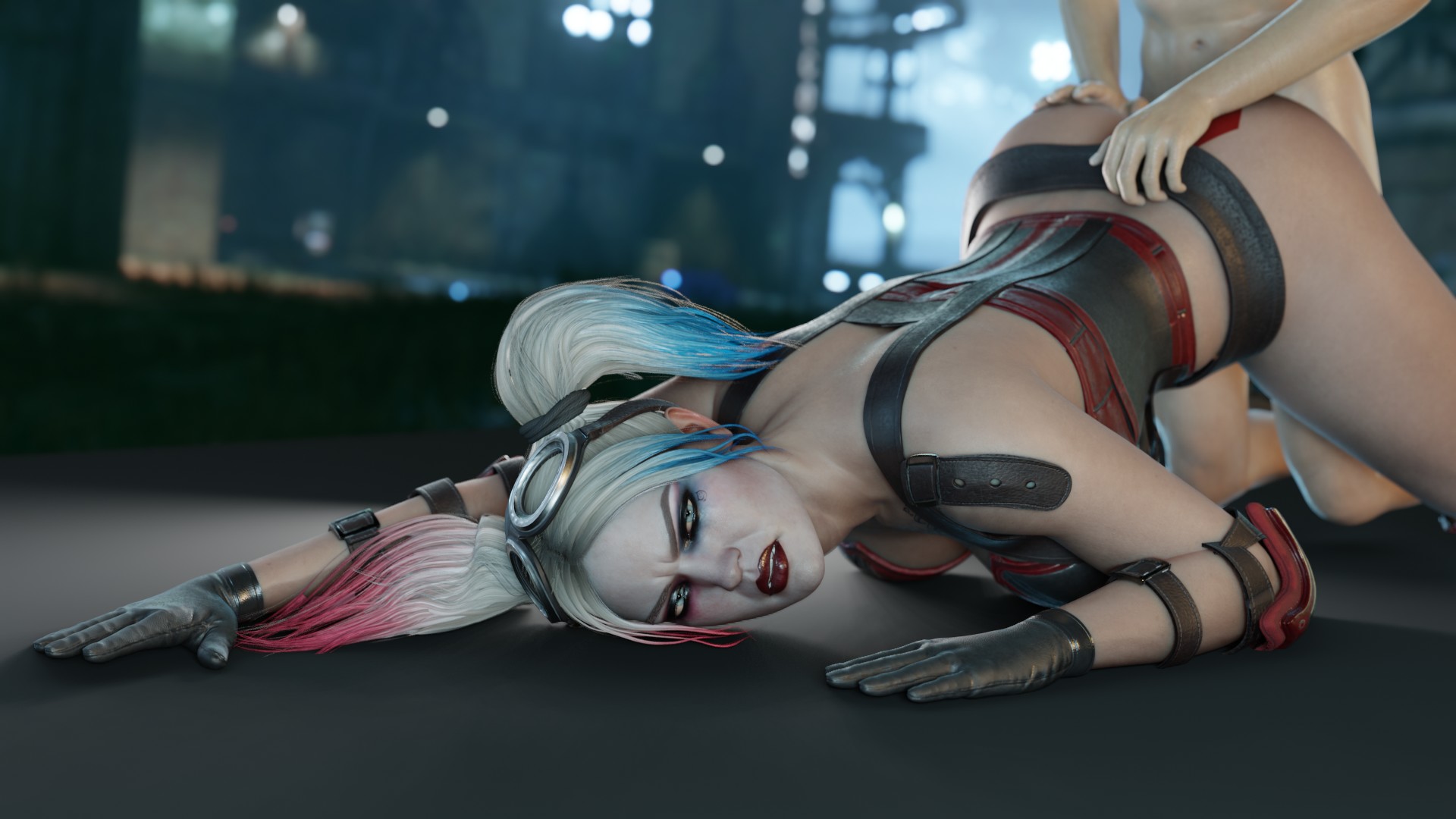 1boy, 1girls, 3d, anal sex, angry face, ass, batman (series), big ass, black gloves, clothed, completely naked, completely nude, dc, dc comics, doggy style, female, gloves, harley quinn, harley quinn (injustice), injustice 2, leather gloves, male, nude, nude male, public, rape, smaller male, twintails