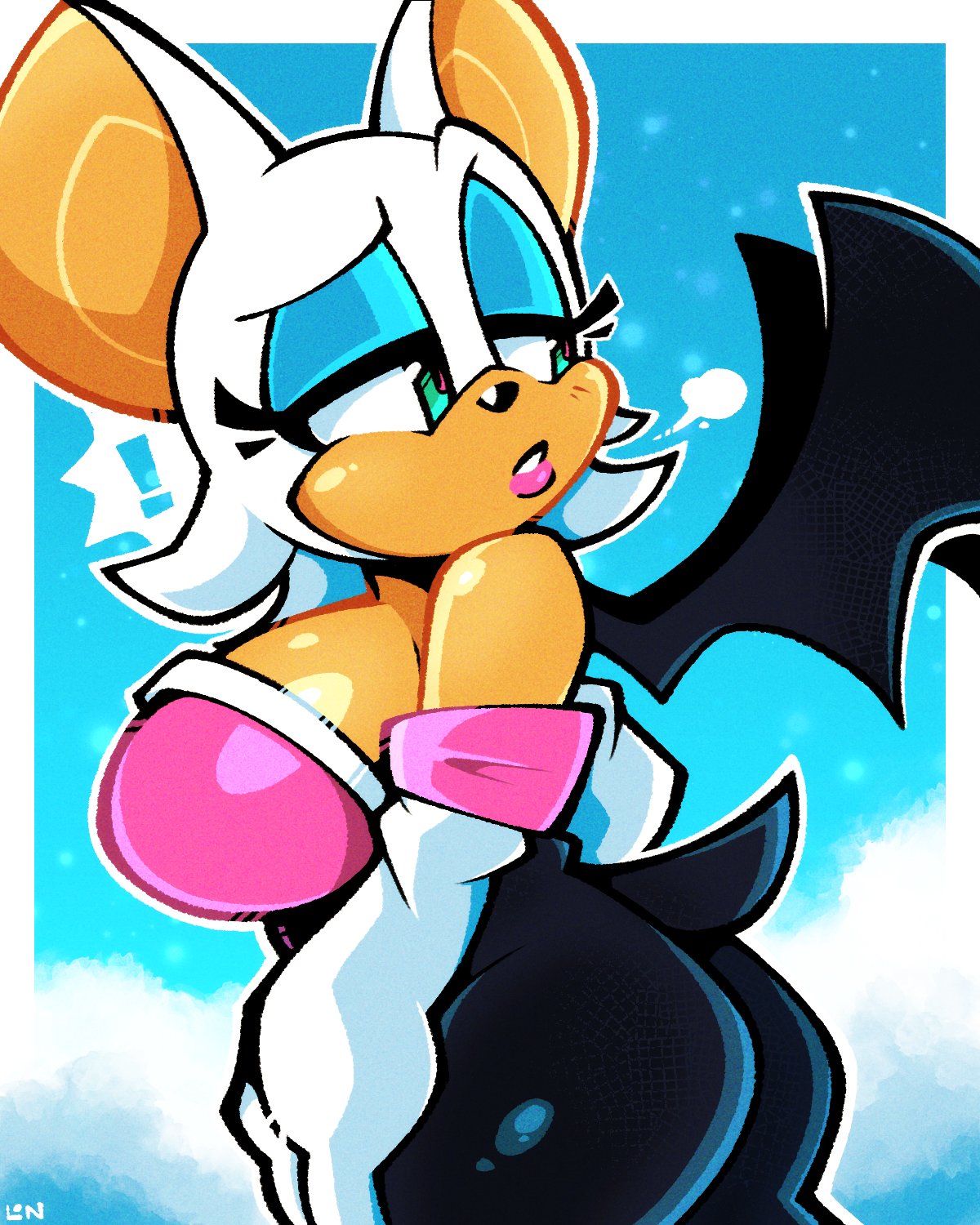 anthro ass bat bat_wings big_ass big_breasts boobs_and_butt_pose breasts concerned eyelashes eyeshadow female female_focus female_only green_eyes huge_breasts large_breasts legendofnerd lipstick looking_back makeup rouge_the_bat round_ass round_breasts sega sideboob sonic_(series) sonic_the_hedgehog_(series) tan_skin white_fur