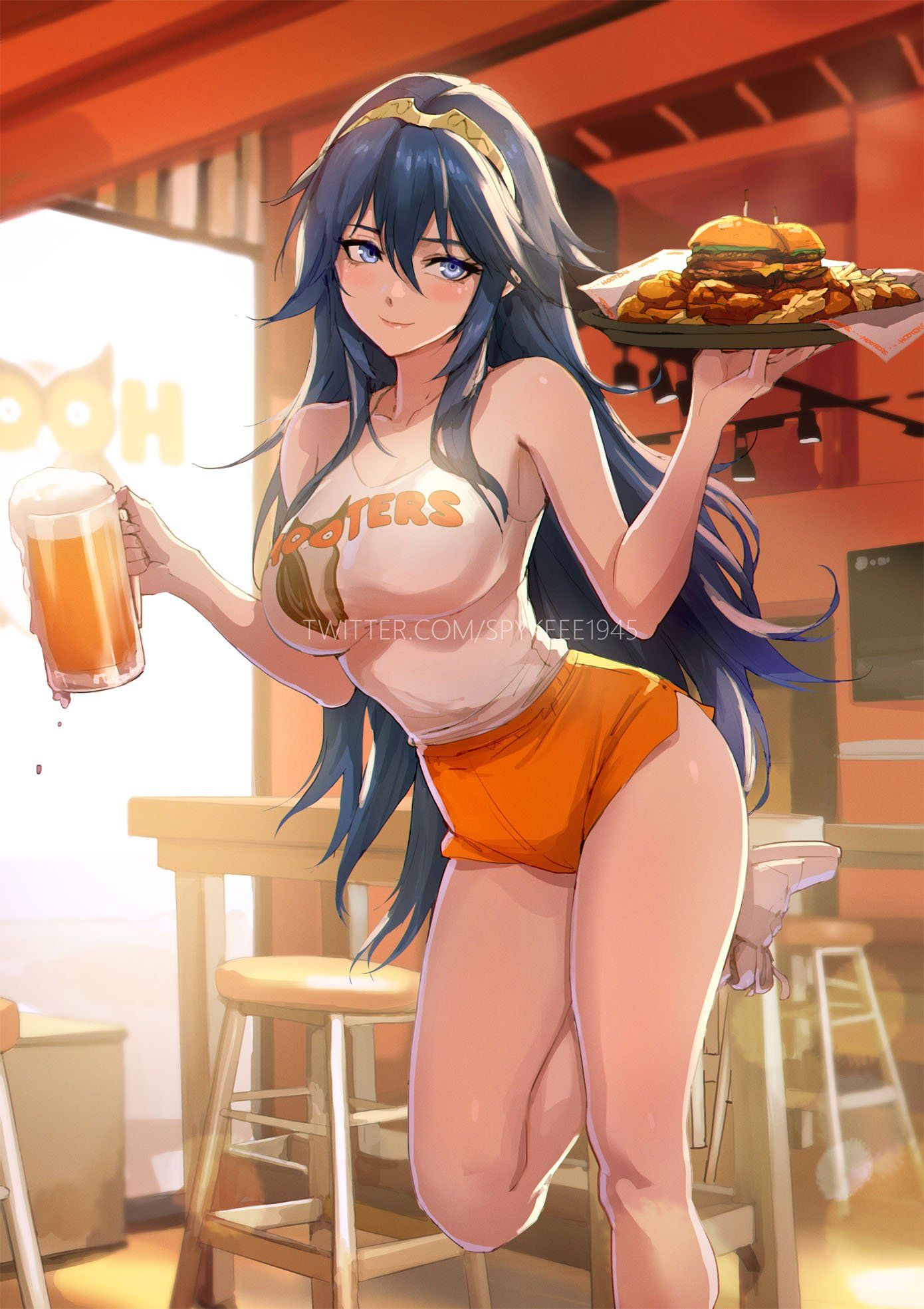 1girls alternate_breast_size alternate_costume bare_arms bare_legs bare_shoulders beer_mug blue_eyes blue_hair blush breasts burger closed_mouth collarbone cup employee_uniform female female_only fire_emblem fire_emblem_awakening food french_fries fried_chicken hair_between_eyes highres holding holding_tray hooters indoors large_breasts legs long_hair looking_at_viewer lucina_(fire_emblem) mug nintendo no_legwear orange_shorts short_shorts shorts sidelocks smile solo spykeee standing standing_on_one_leg symbol-shaped_pupils tank_top tiara tray twitter_username uniform waitress watermark white_tank_top