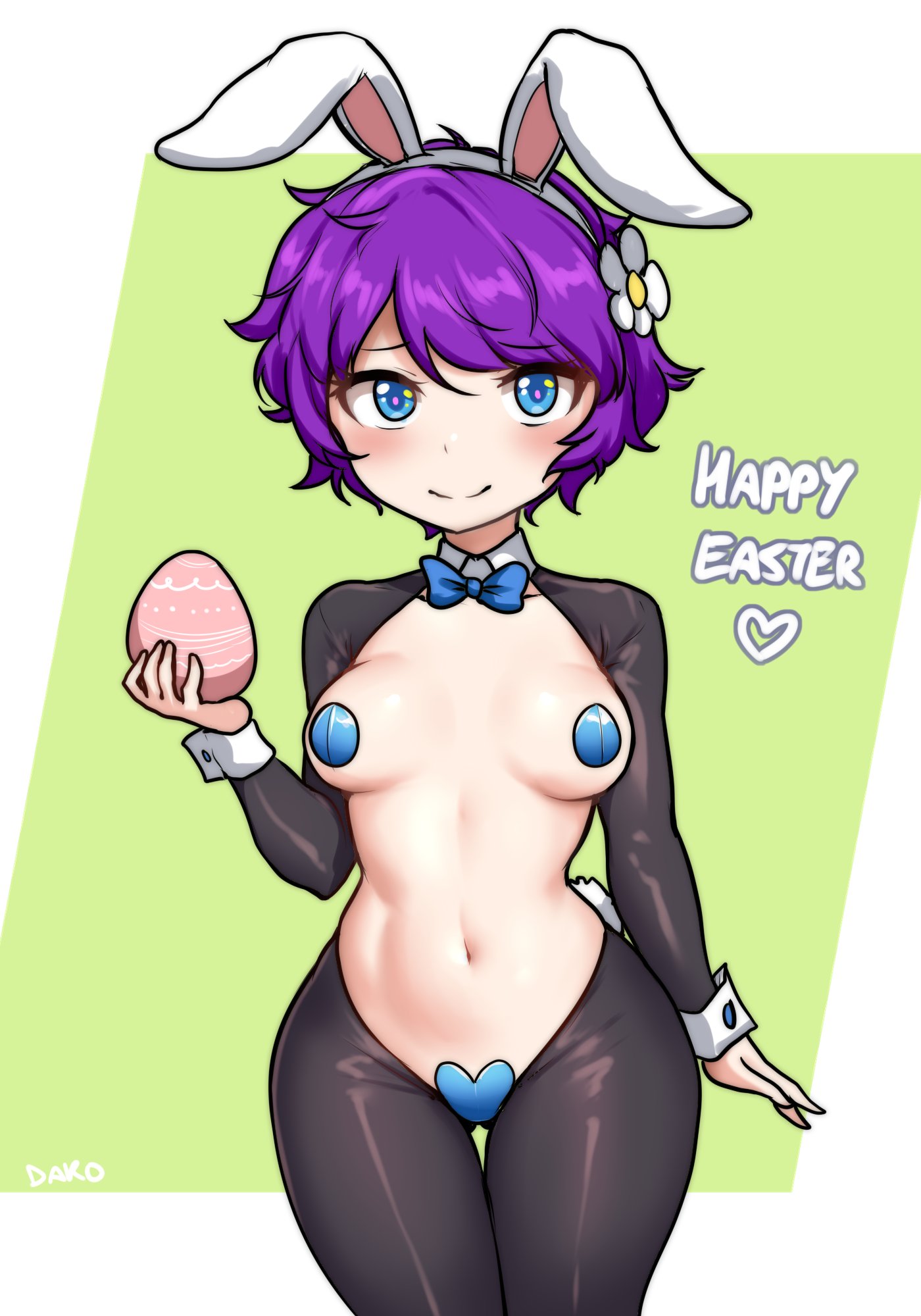 1girls, blue eyes, breasts, bunny costume, bunny ears, bunny tail, dako, dakosito, easter egg, egg, female, light skin, light-skinned female, original, original character, pasties, pose, purple hair, reverse bunnysuit, short hair, simple background, small breasts, thighs, umiko (dakosito), wide hips