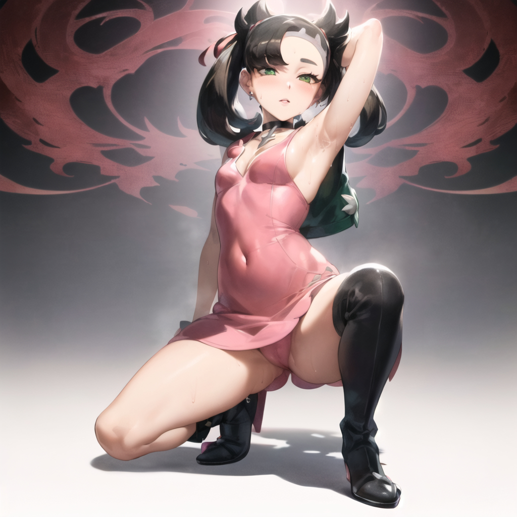 ai generated, armpit, armpits, asymmetrical legwear, black hair, black legwear, breasts, cameltoe, female, flat chest, green eyes, hair ornament, hair ribbon, looking at viewer, marnie (pokemon), nai diffusion, pokemon, pokemon ss, pussy, small breasts, solo, squatting, stable diffusion, twintails