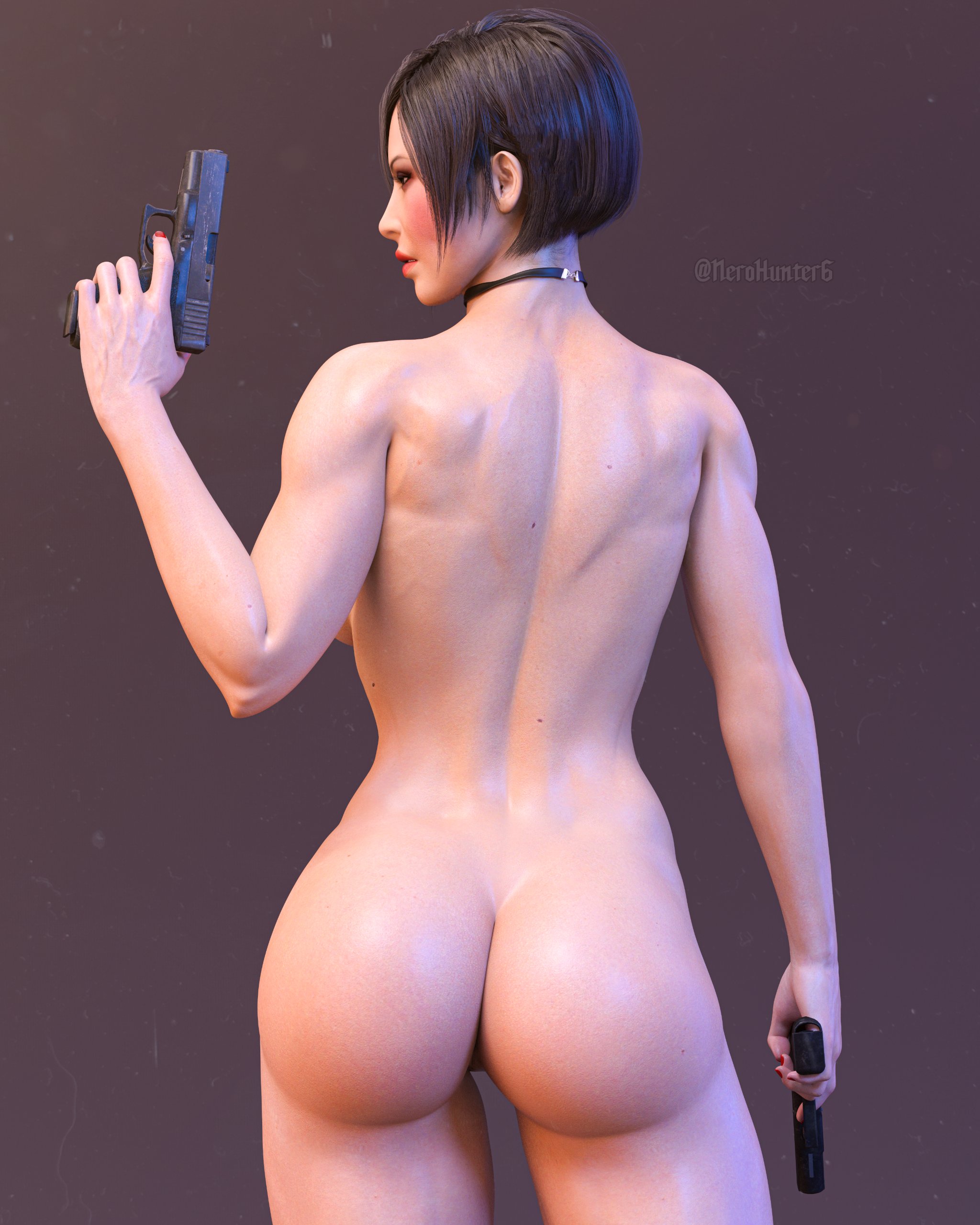1girls, 3d, abs, absurdres, ada wong, ada wong (adriana), asian, asian female, ass, ass cheeks, asscheeks, big ass, big breasts, biohazard, black hair, black nail polish, black nails, breasts, butt cheeks, buttcheeks, capcom, casual, choker, completely naked, completely nude, female, female only, firearm, fit, fit female, handgun, highres, human, muscular, muscular female, nail polish, neckwear, nerohunter6, nude, nude female, pale skin, realistic, resident evil, resident evil 2, resident evil 2 remake, short hair, solo, solo female, thick thighs, toned, toned female, weapon