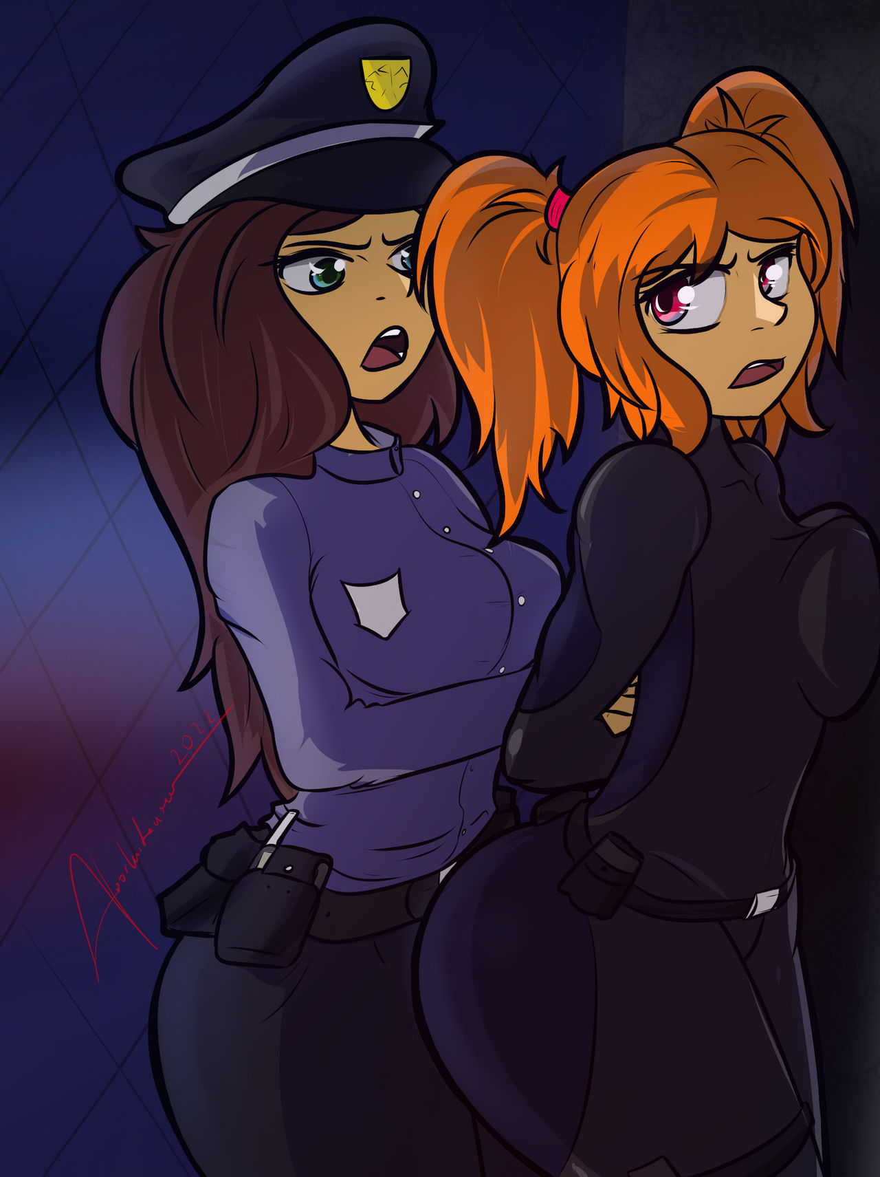 2girls arrest bondage breast_squeeze brown_hair catsuit femdom femsub ginger heterochromia pink_eyes police police_uniform policewoman poorkritauser robber