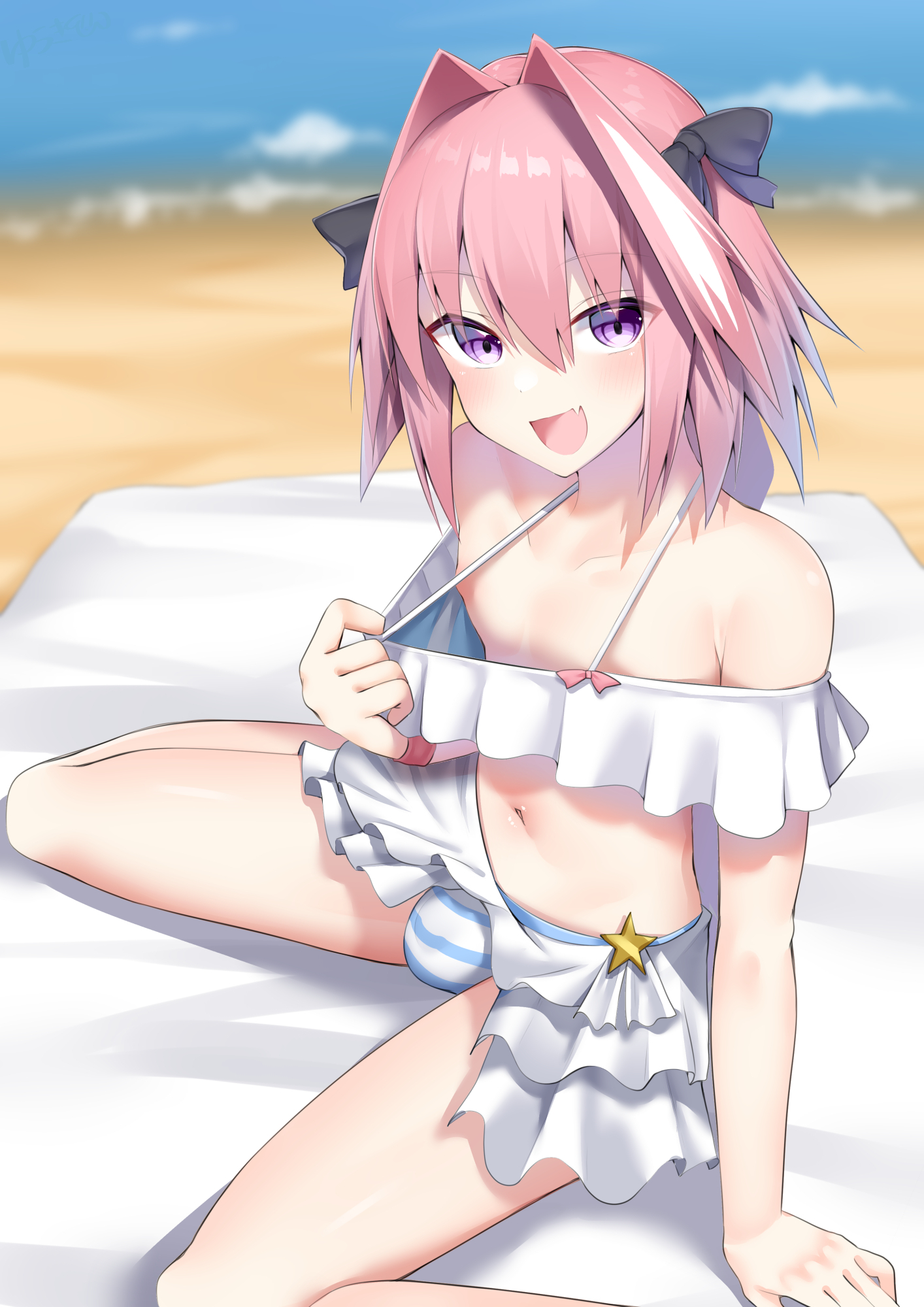 1femboy, alternate version available, astolfo (fate), beach, bikini, bikini bottom, bikini top, bulge, bulge through clothing, fate (series), femboy, femboy only, hair, headwear, kitajima yuuki, male, open mouth, penis, penis under clothes, penis under skirt, pink hair, purple eyes, ribbon, ribbons, smile, solo, solo femboy, swimwear, trap, water
