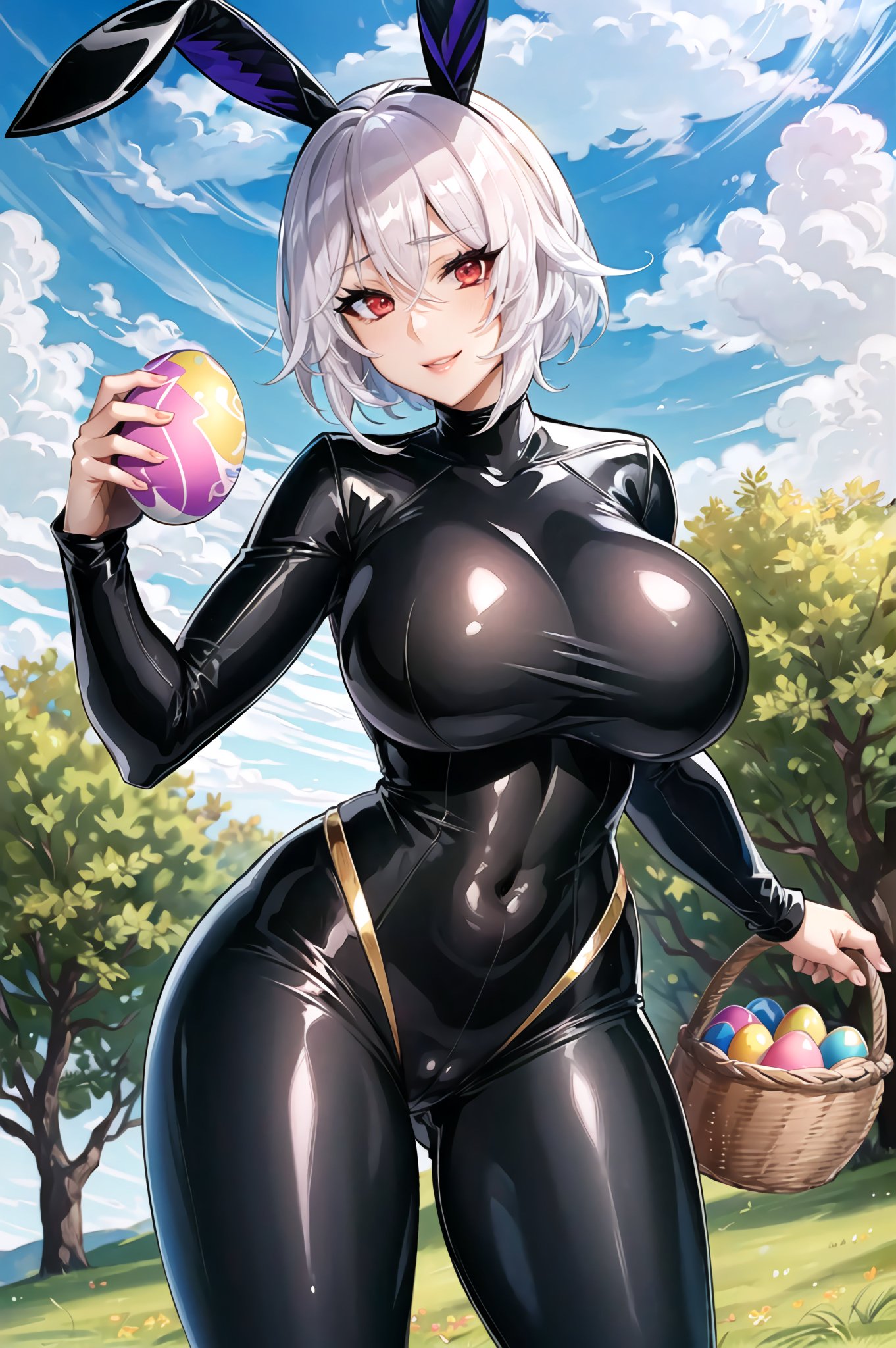 1girls, ai generated, breasts, bunny ears, bunny girl, bunnysuit, curvy, curvy body, curvy female, curvy figure, easter egg, female, highres, huge breasts, latex suit, red eyes, seductive look, skin tight, stable diffusion, white hair