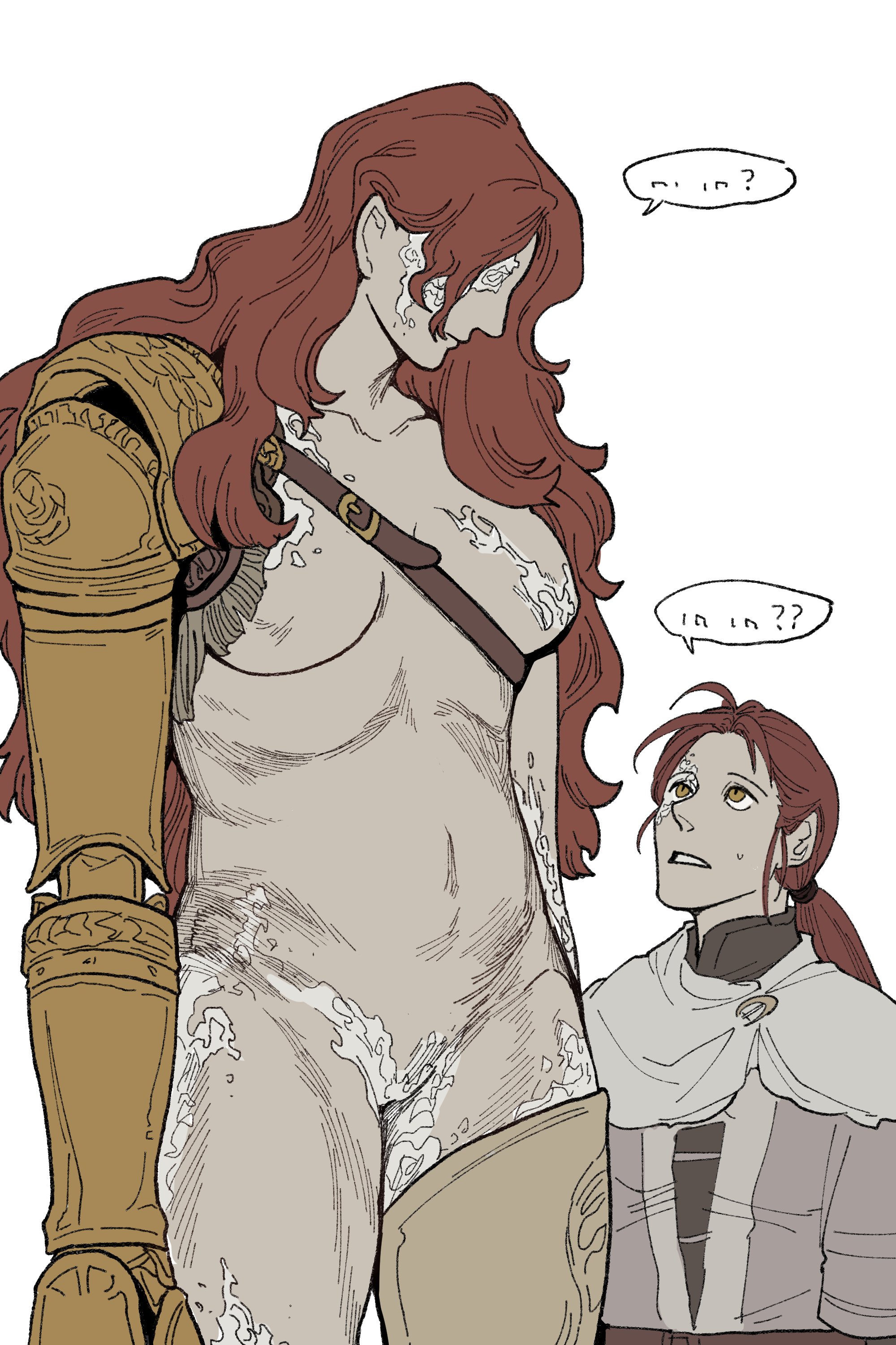 ?, ...?, 2girls, bonedwoo, breasts, caucasian, caucasian female, daughter, demigoddess, elden ring, eyeless female, featureless breasts, featureless crotch, female, fromsoftware, goddess, light skin, light-skinned female, malenia blade of miquella, millicent (elden ring), mother, mother and daughter, nude, pale skin, pale-skinned female, red hair, size difference, tall female, taller female