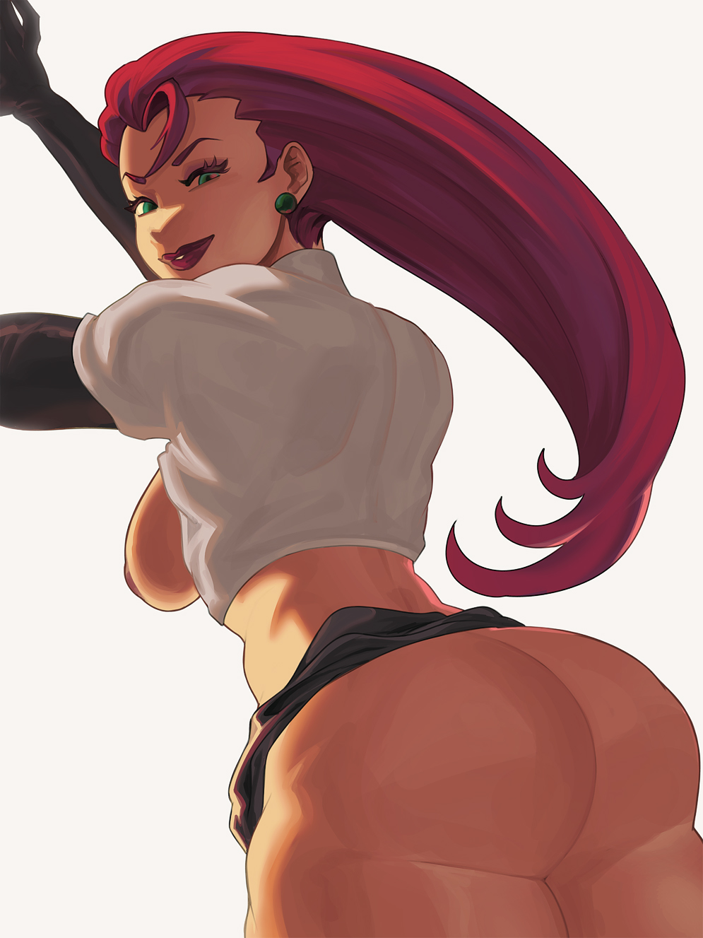 1girls, 2023, ass, breasts, cinnabarbie, female, female only, green eyes, jessie (pokemon), long hair, looking at viewer, looking back, looking back at viewer, narrowed eyes, nintendo, pokemon, pokemon (anime), rear view, red eyes, shaded, smiling, smiling at viewer, solo, team rocket, white background