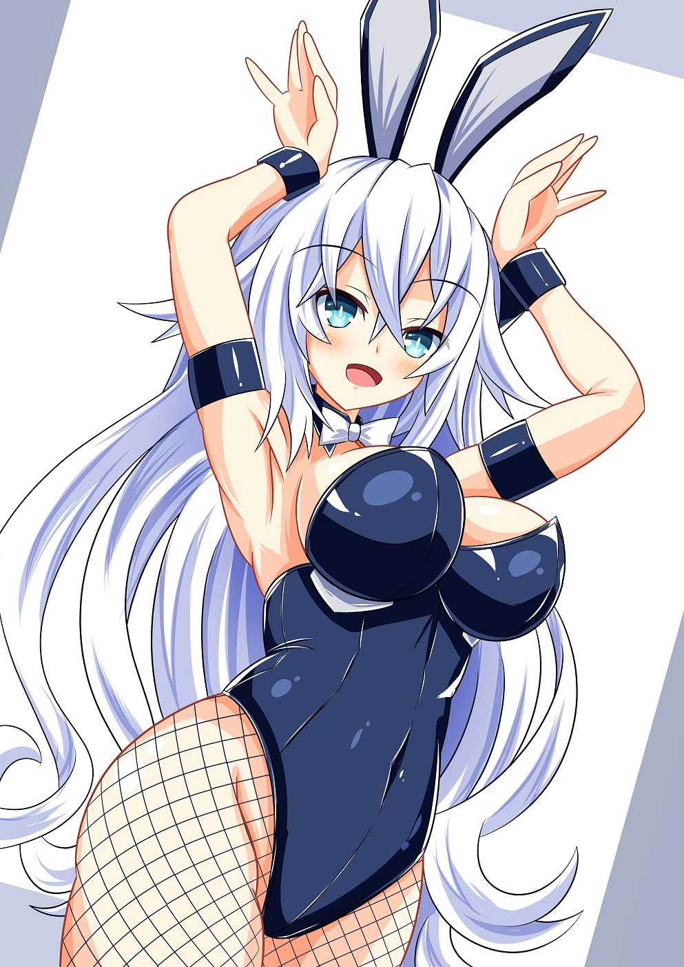 1girls armband armpits arms_up black_heart blue_eyes breasts bunny_costume bunny_ears cleavage clothed compile_heart cpu_(neptunia) female_only fishnets goddess idea_factory kyou leotard light-skinned_female neptunia_(series) noire open_mouth power_symbol-shaped_pupils smile solo straight_hair thighs white_hair