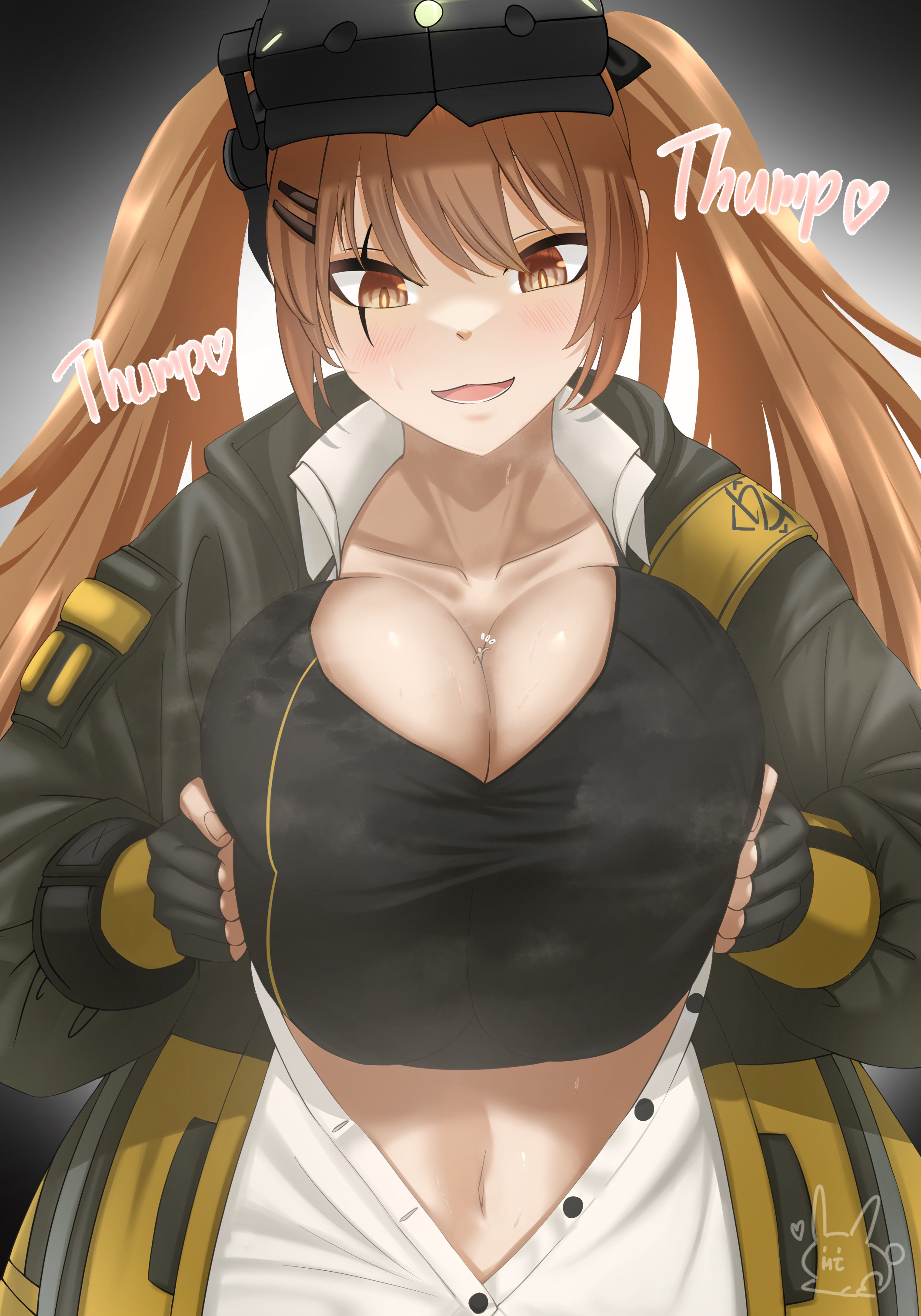 between breasts, big breasts, breast squeeze, breasts, brown eyes, brown hair, cleavage, female, giantess, girls' frontline, gloves, large breasts, navel, person between breasts, scar, scar across eye, twintails, ump9 (girls' frontline)