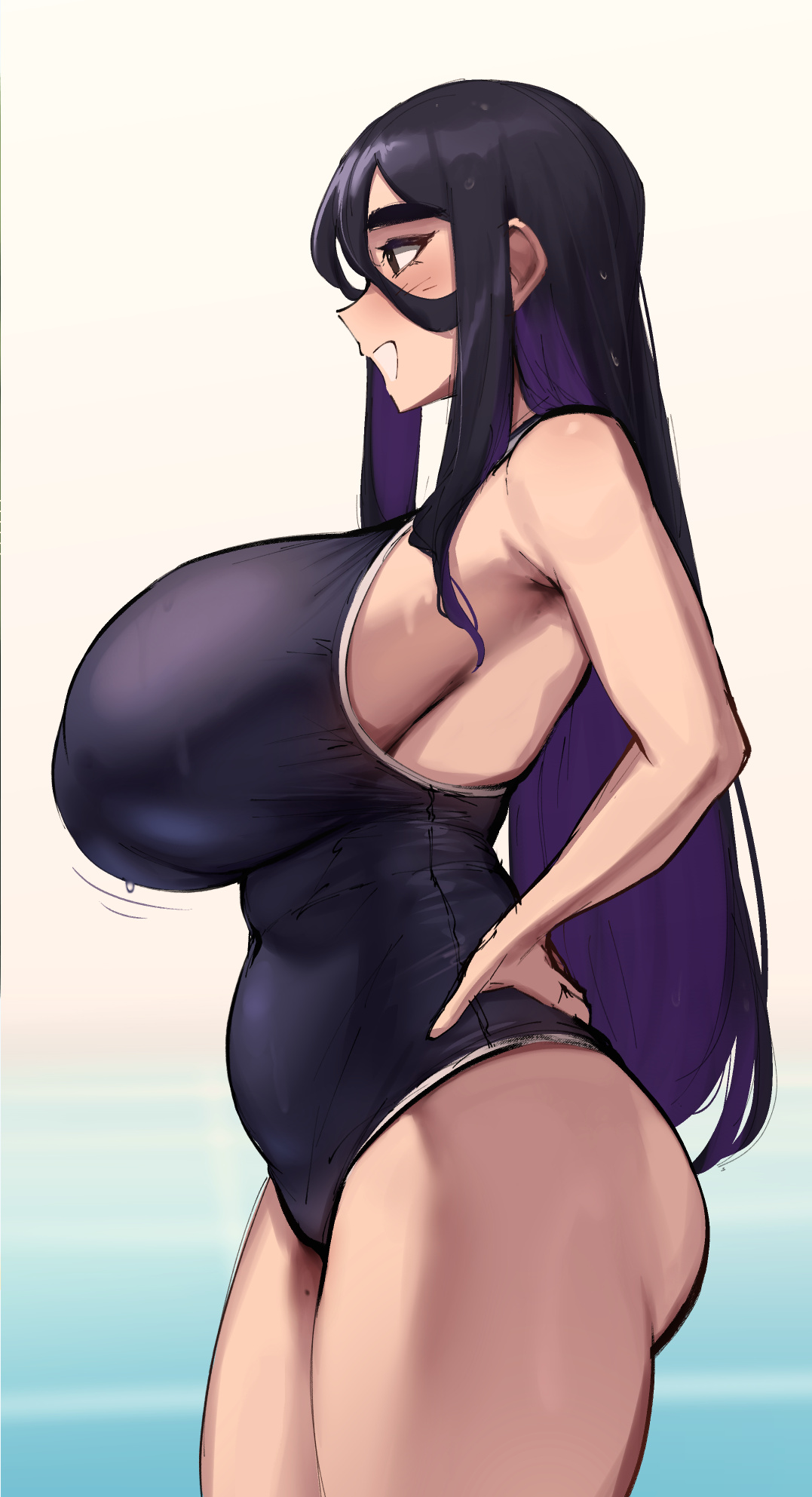 1girls, ass, big ass, big breasts, big butt, breasts, female, female only, huge breasts, purple hair, roresu, solo, swimsuit