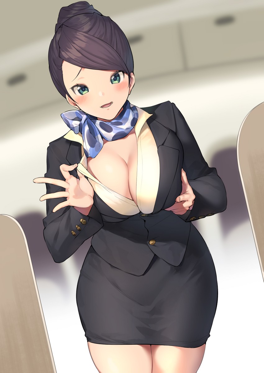 airplane airplane_interior big_breasts cleavage flight_attendant green_eyes handkerchief itohana jacket open_shirt original original_character short_hair stewardess