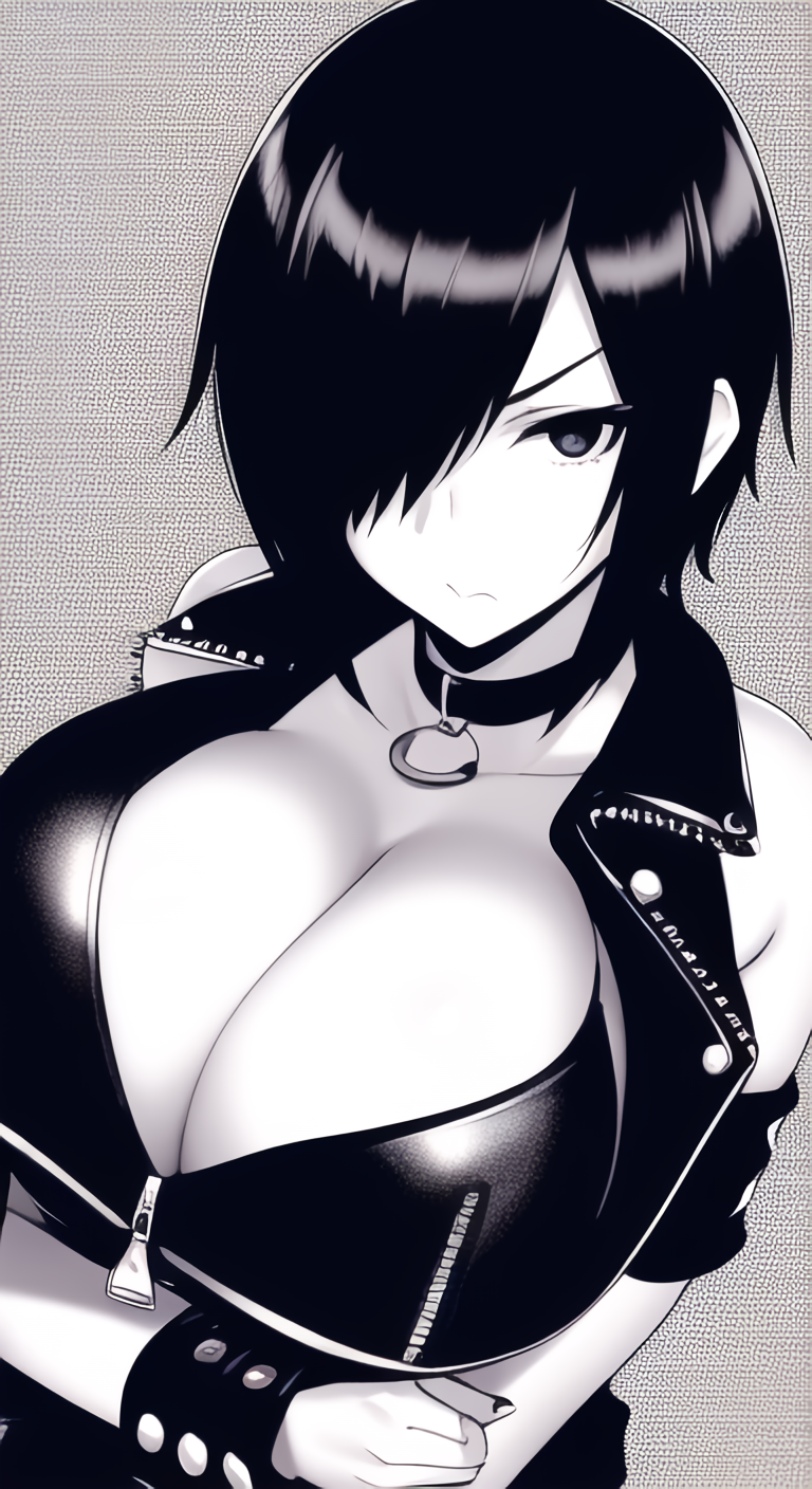 1girls ai_generated arms_crossed black_eyes black_hair bracer cleavage ember_blaine_(oc) grayscale hair_over_one_eye huge_breasts leather_vest serious short_hair stable_diffusion